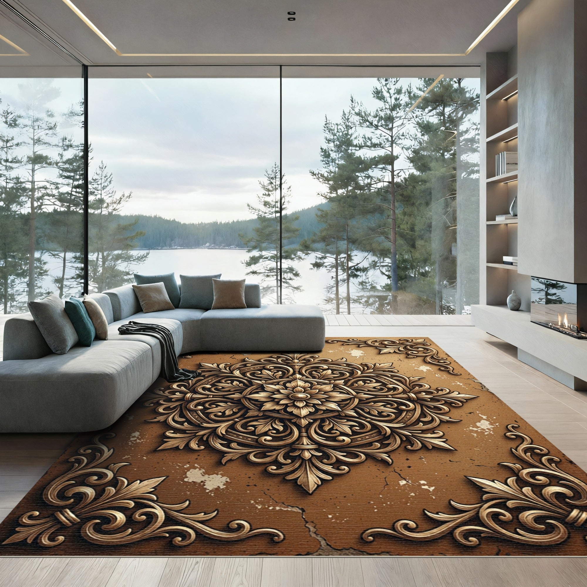 Ornate Golden Filigree Antique Rosette Rug