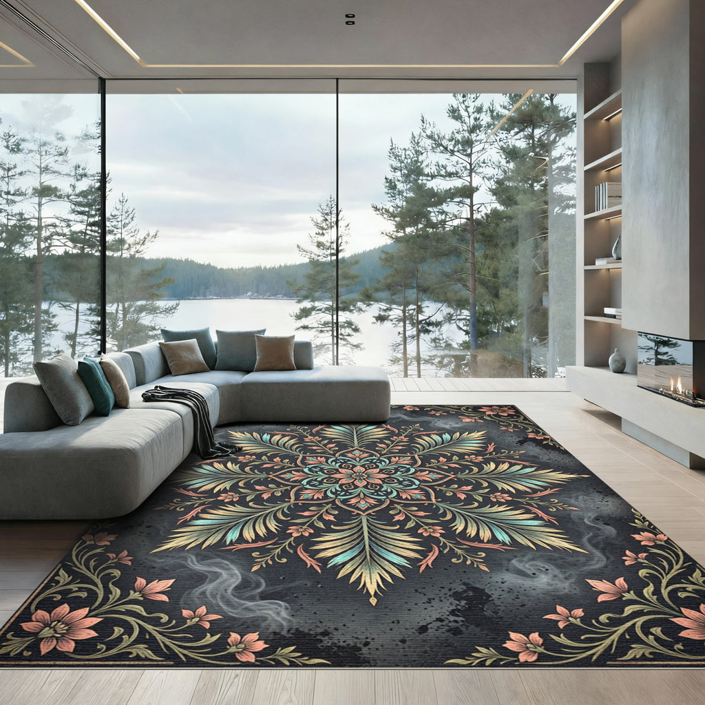 Ethereal Sage and Peach Floral Mandala Rug
