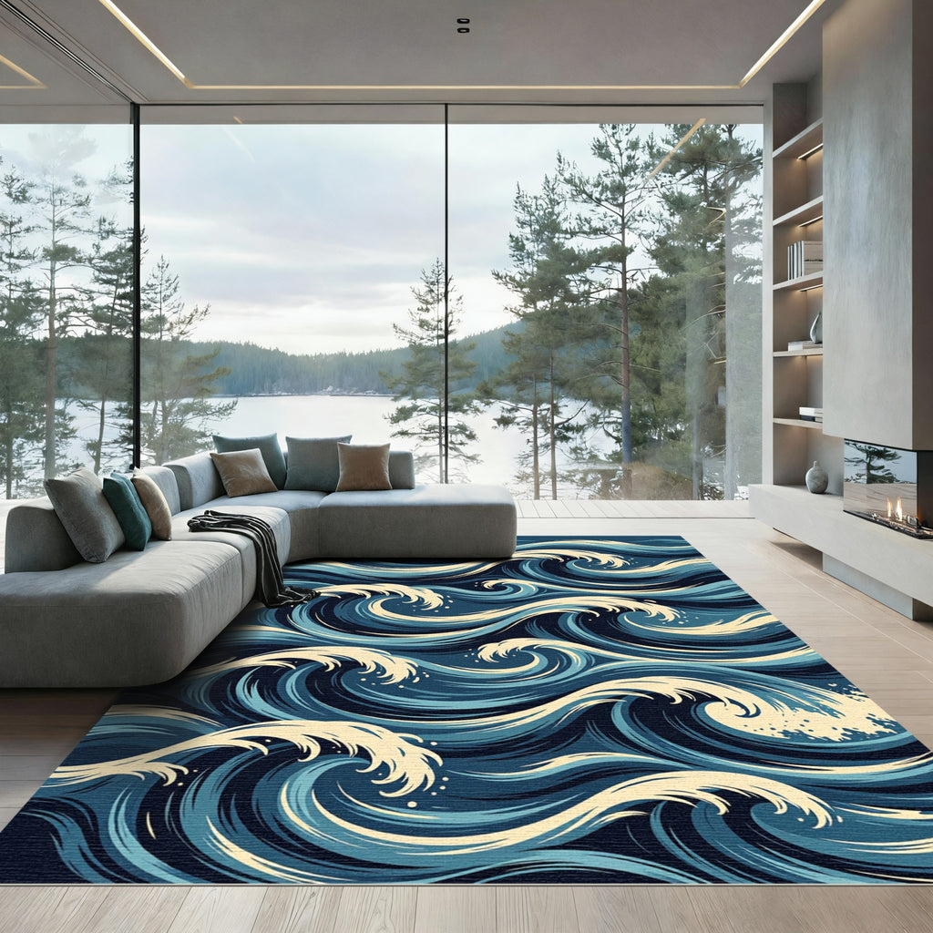Deep Blue Ocean Swirl Waves Rug