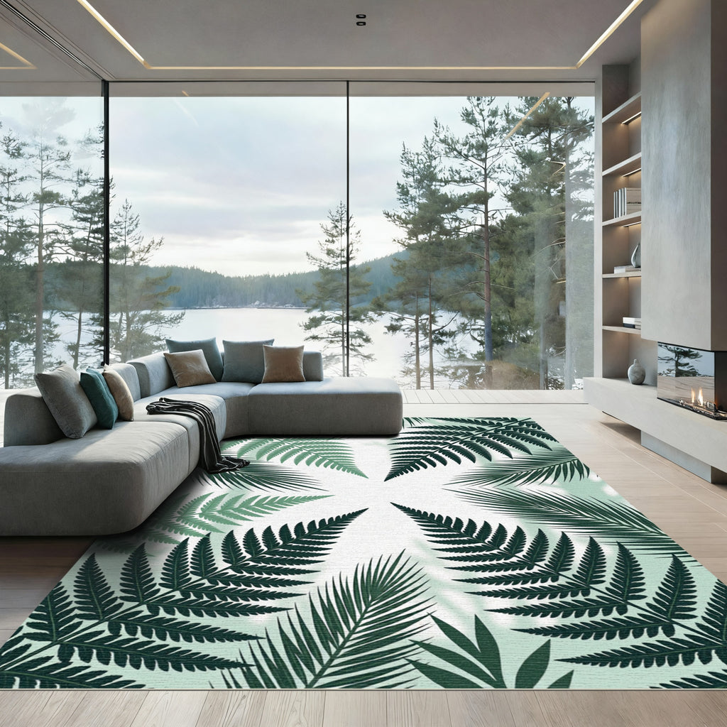 Green Fern Leaf Symmetry Rug