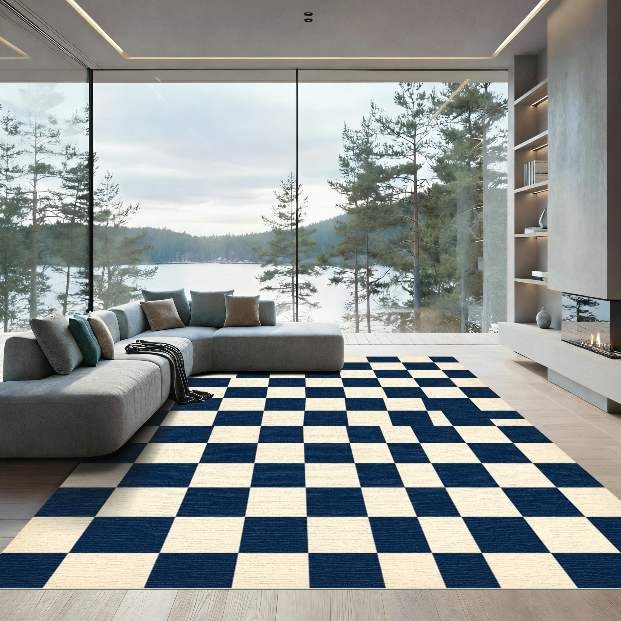 Modern Navy and Cream Distorted Checkered Rug