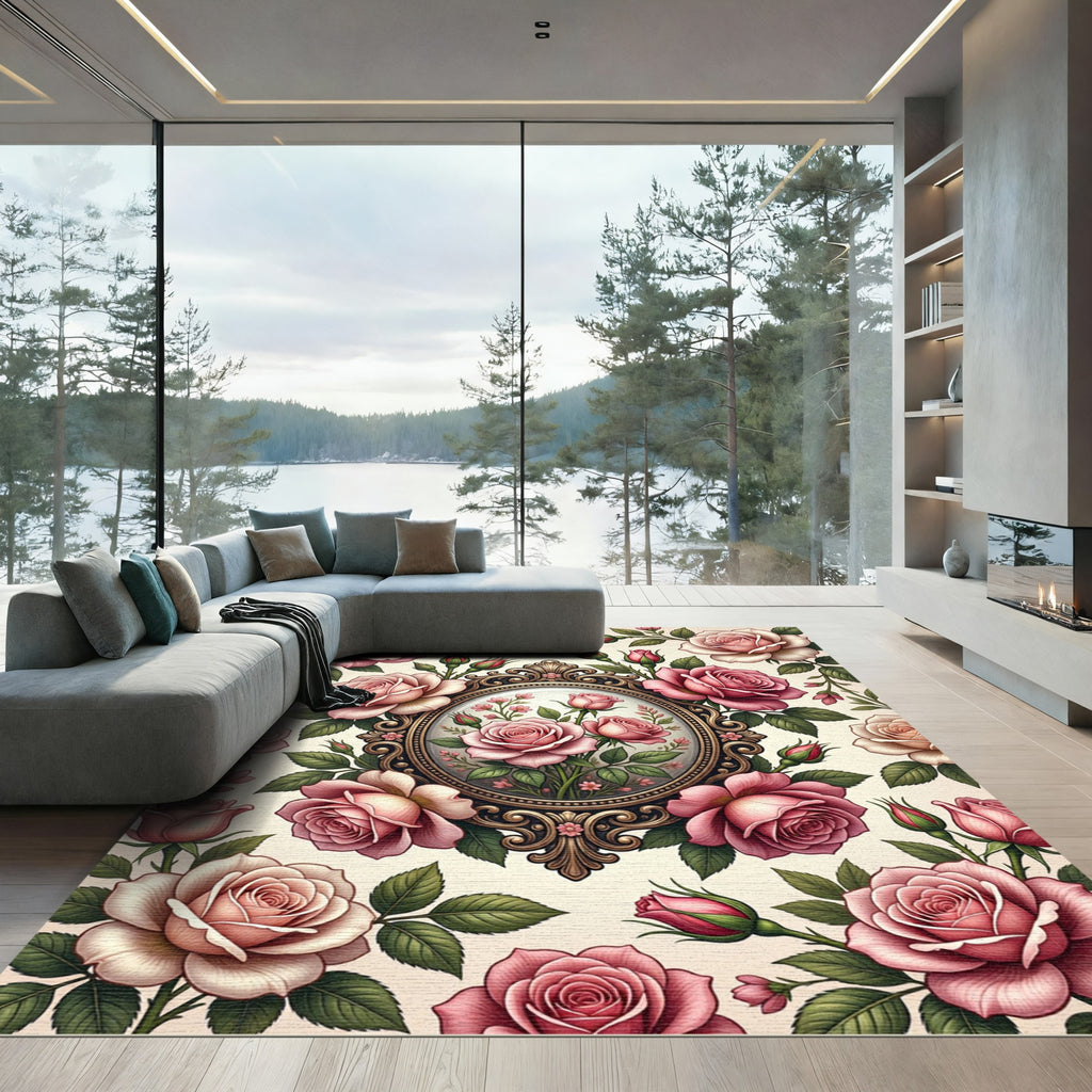 Romantic Pink Rose Filigree Frame Rug