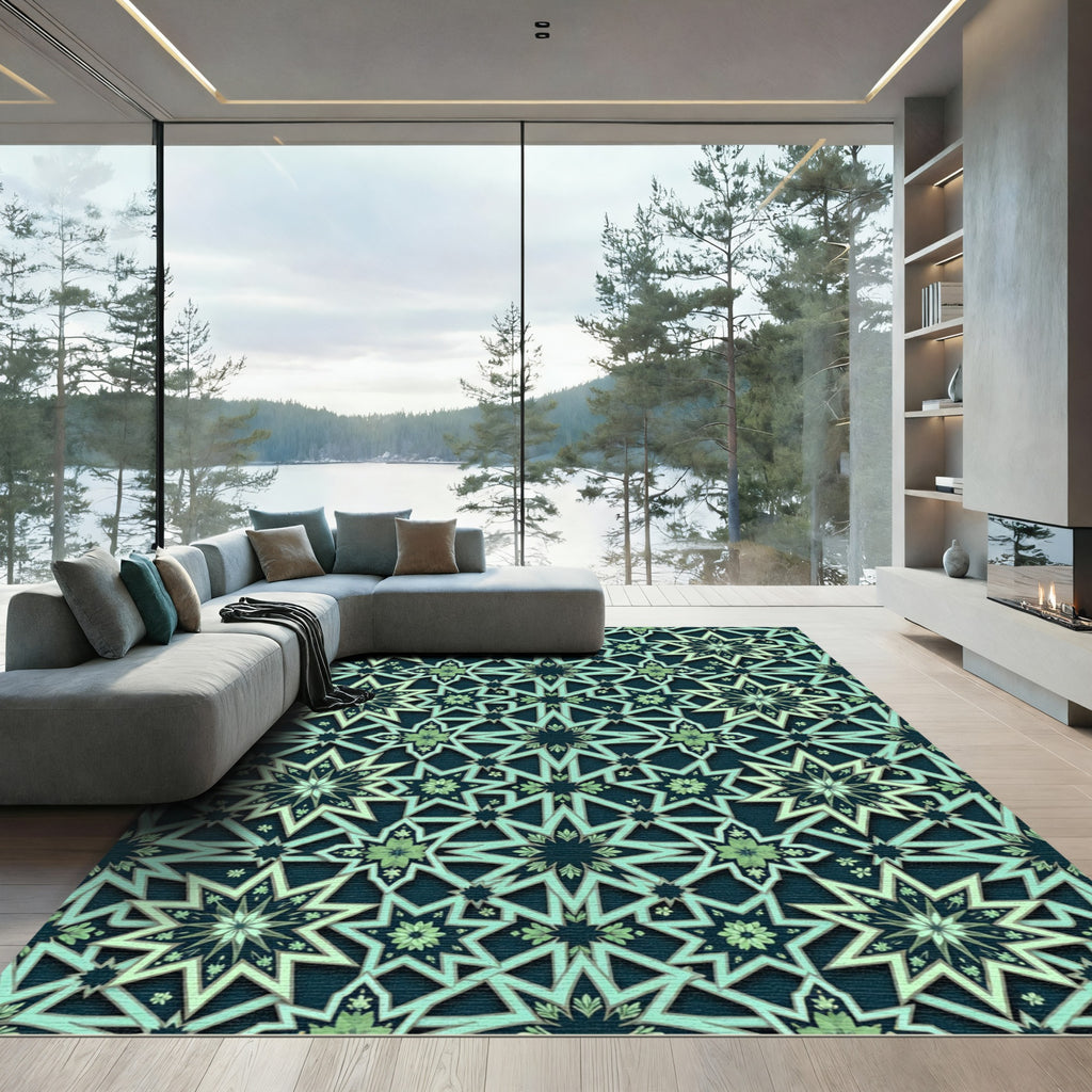 Teal Green Starburst Mandala Rug