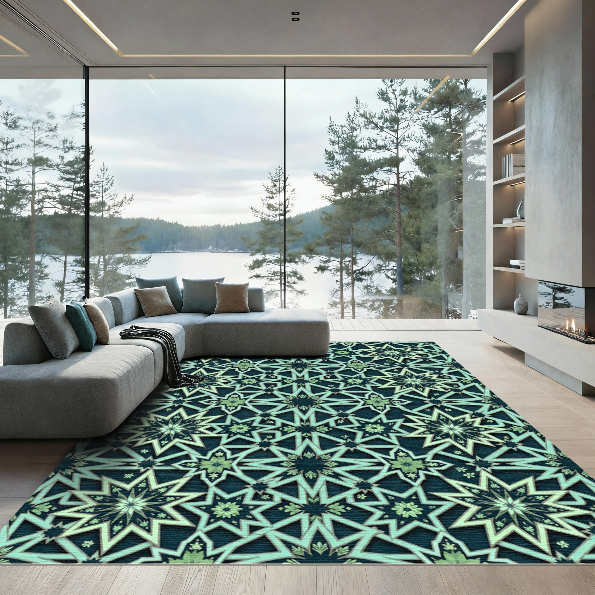 Teal Green Starburst Mandala Rug