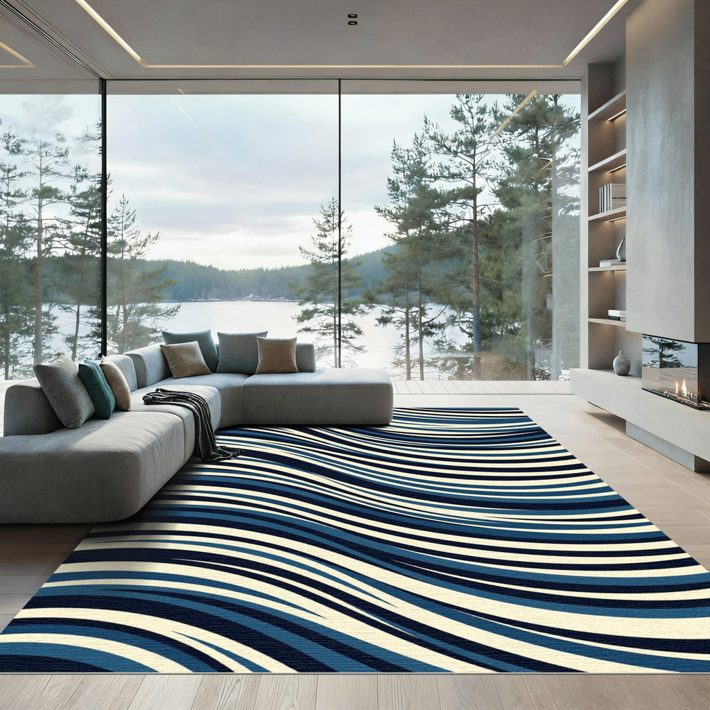 Modern Navy and Cream Wavy Lines Rug