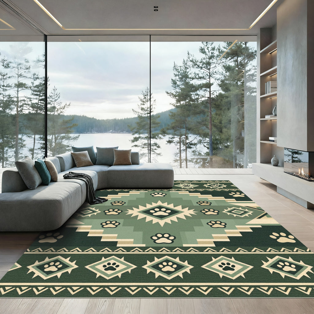Sage Green Geometric Paw Boho Rug