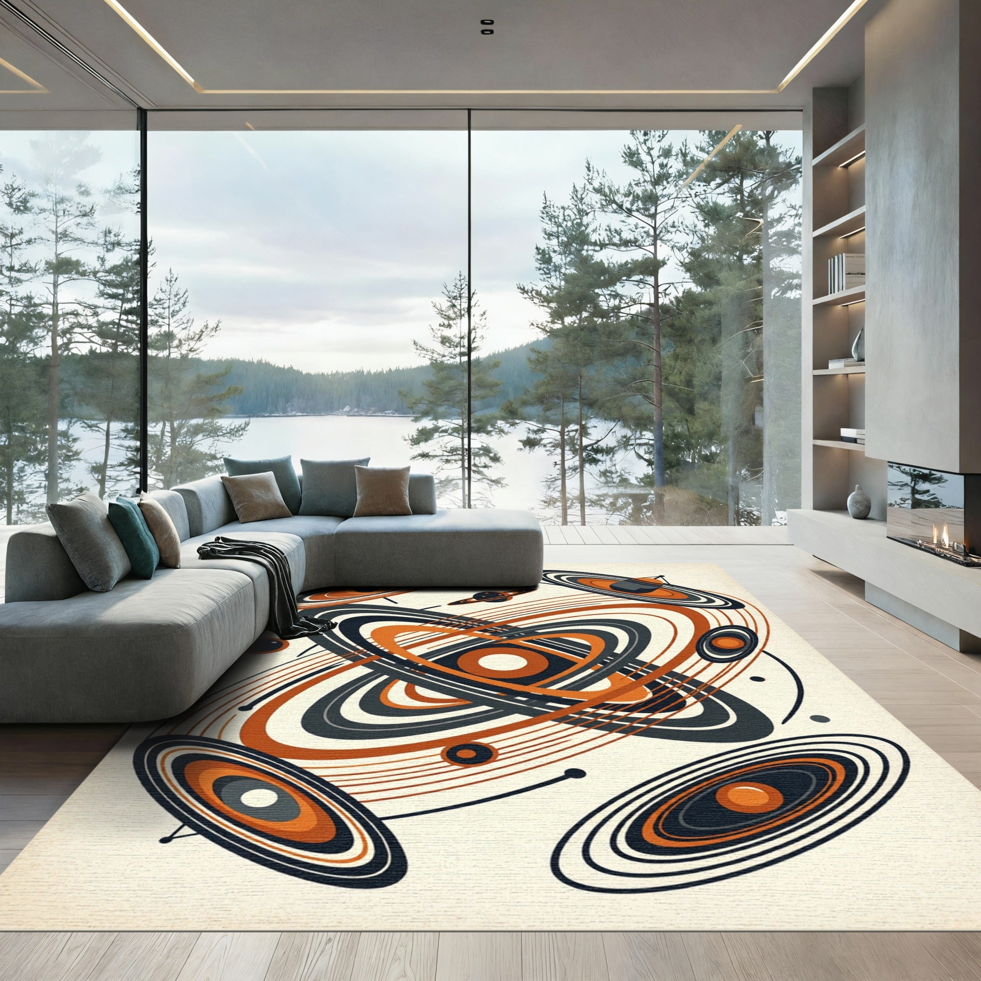Mid-Century Modern Abstract Celestial Orbit Rug