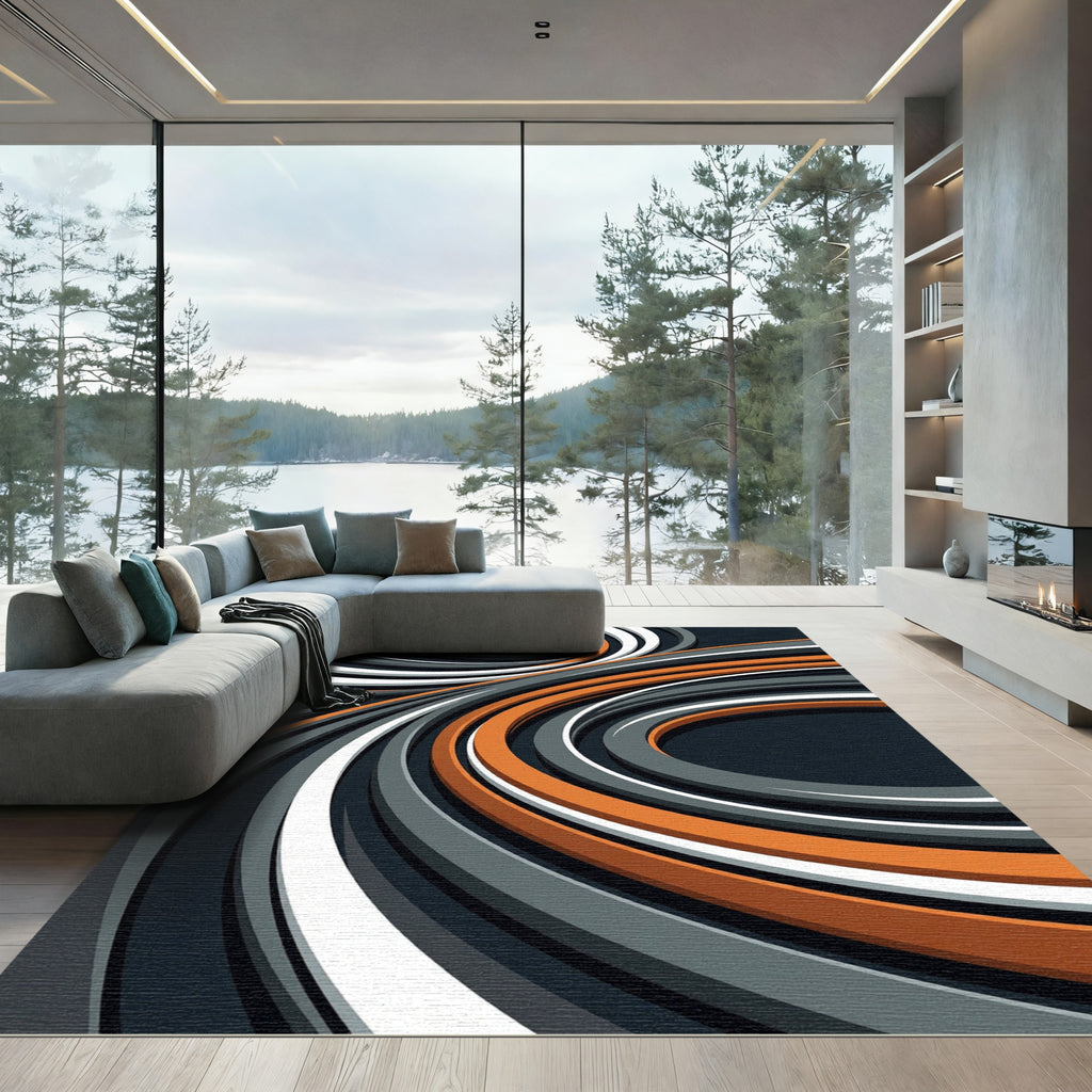 Modern Abstract Orange and Gray Swirls Rug