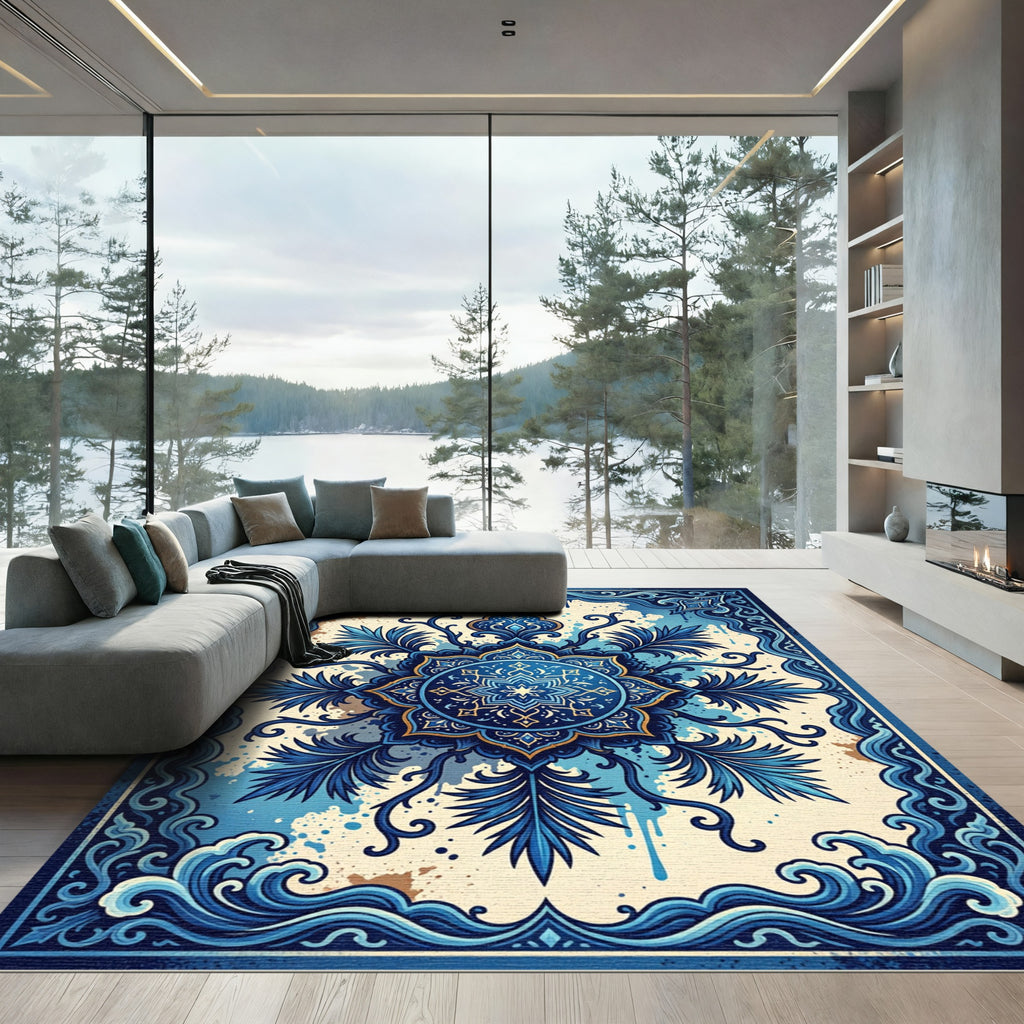 Ornate Azure Floral Medallion Swirl Rug