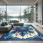 Ornate Azure Floral Medallion Swirl Rug