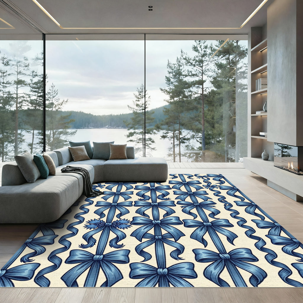 Elegant Navy Ribbon Suspended Bows Rug