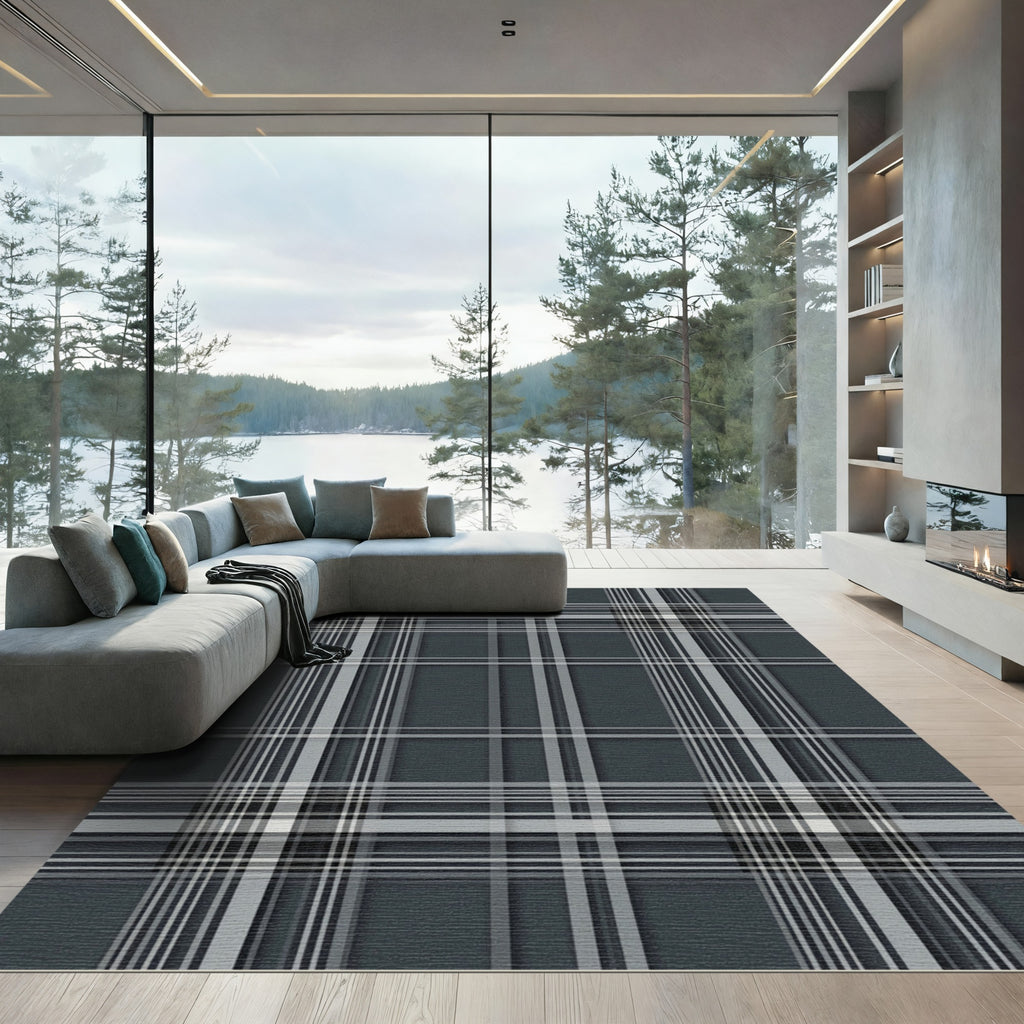 Charcoal Gray White Checked Overlay Rug