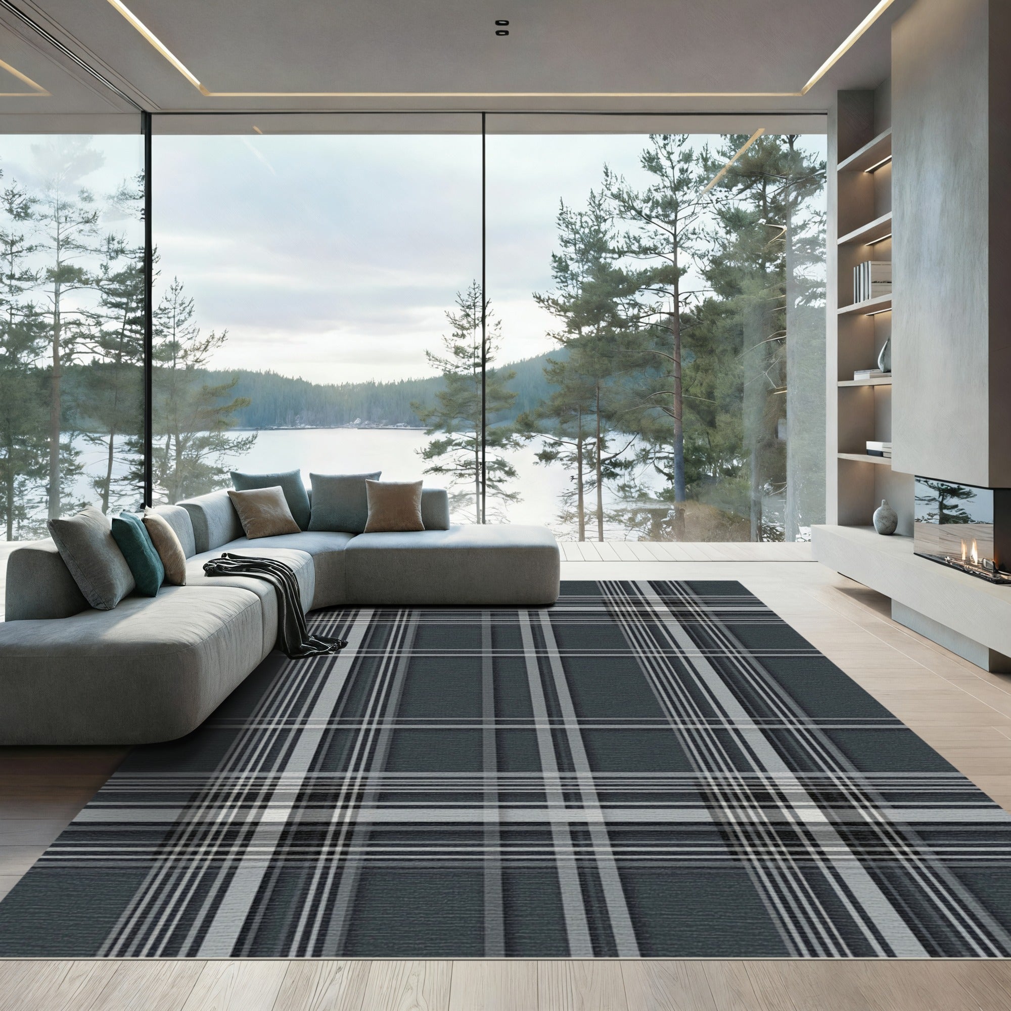 Charcoal Gray White Checked Overlay Rug