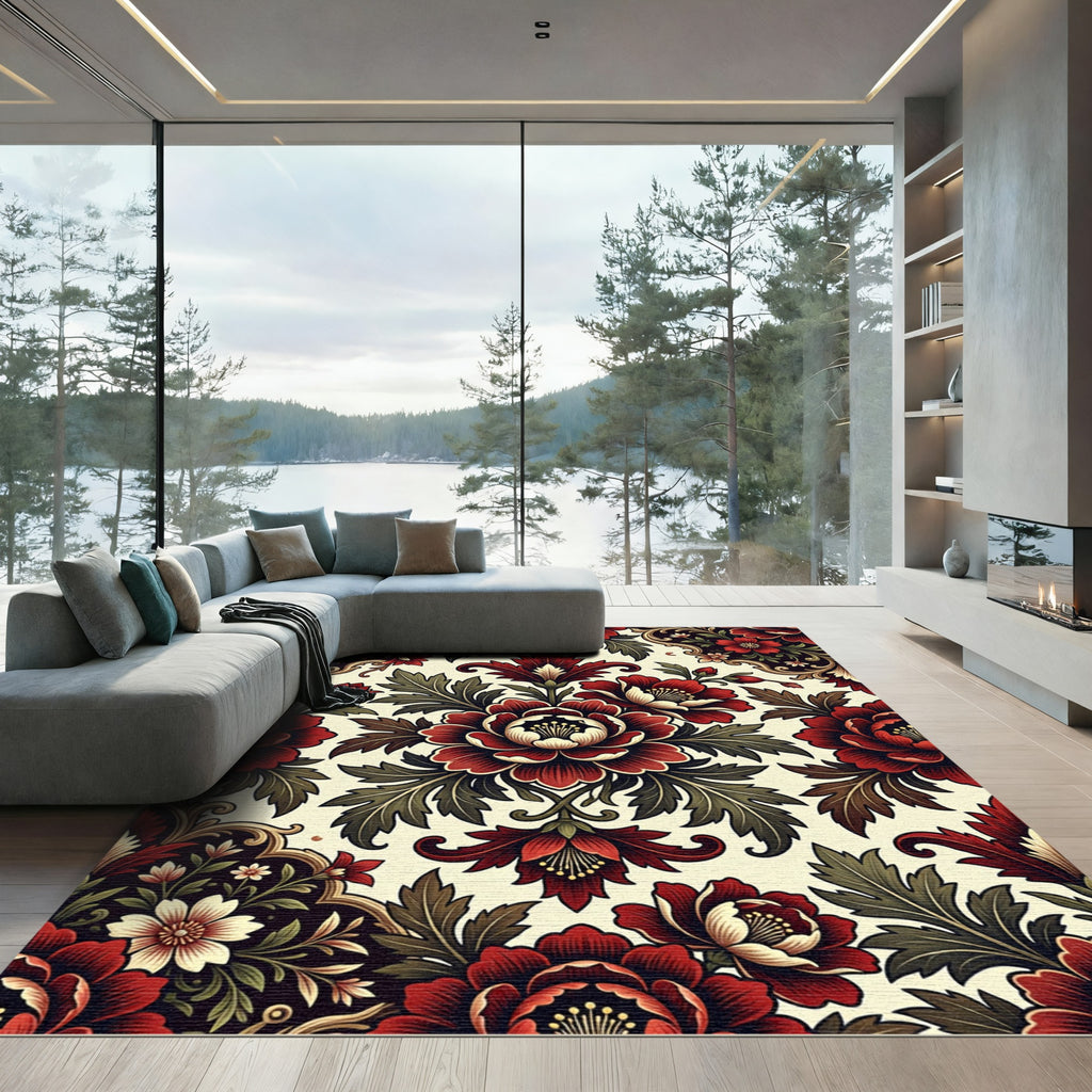Rich Crimson Floral Damask Rug
