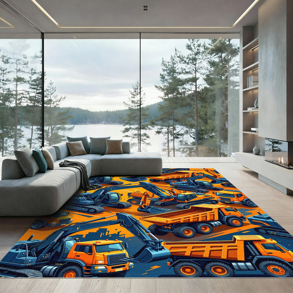 Vibrant Isometric Construction Vehicle Graphic Rug