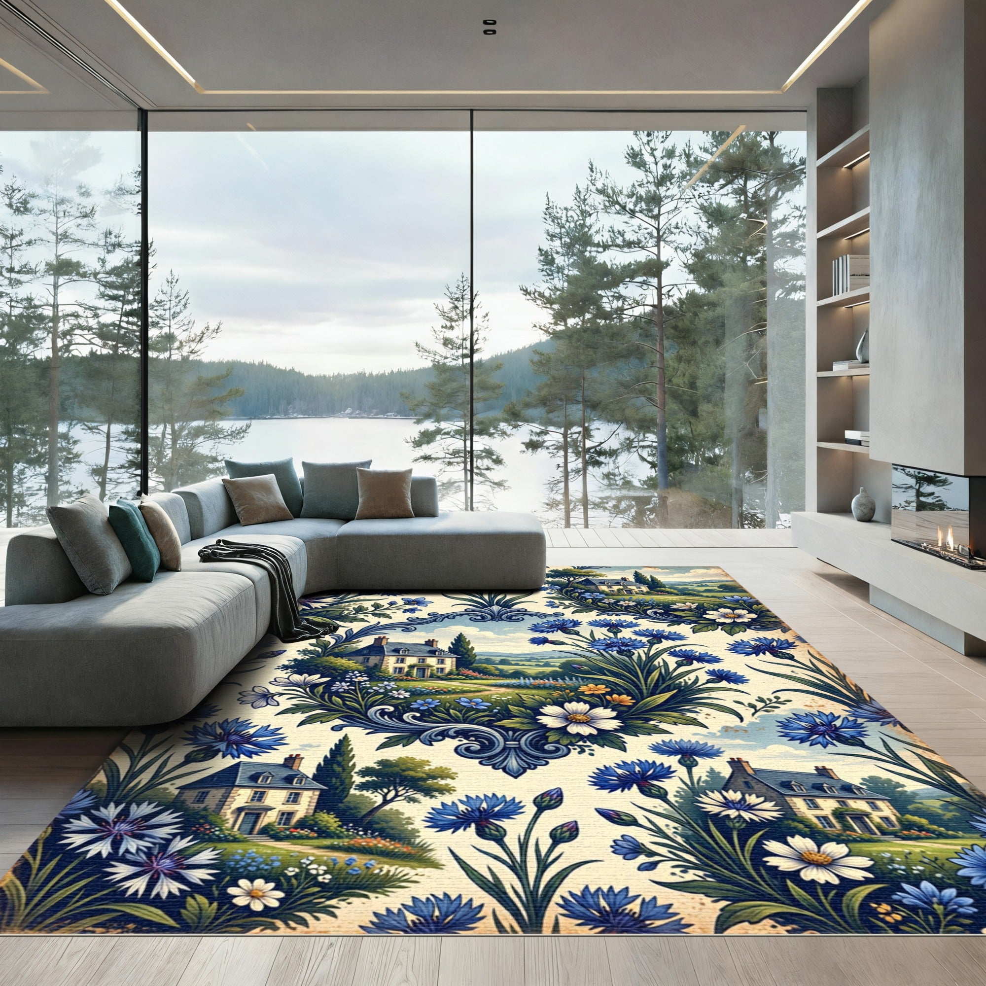 Floral Countryside Blue Cornflower Cottage Rug