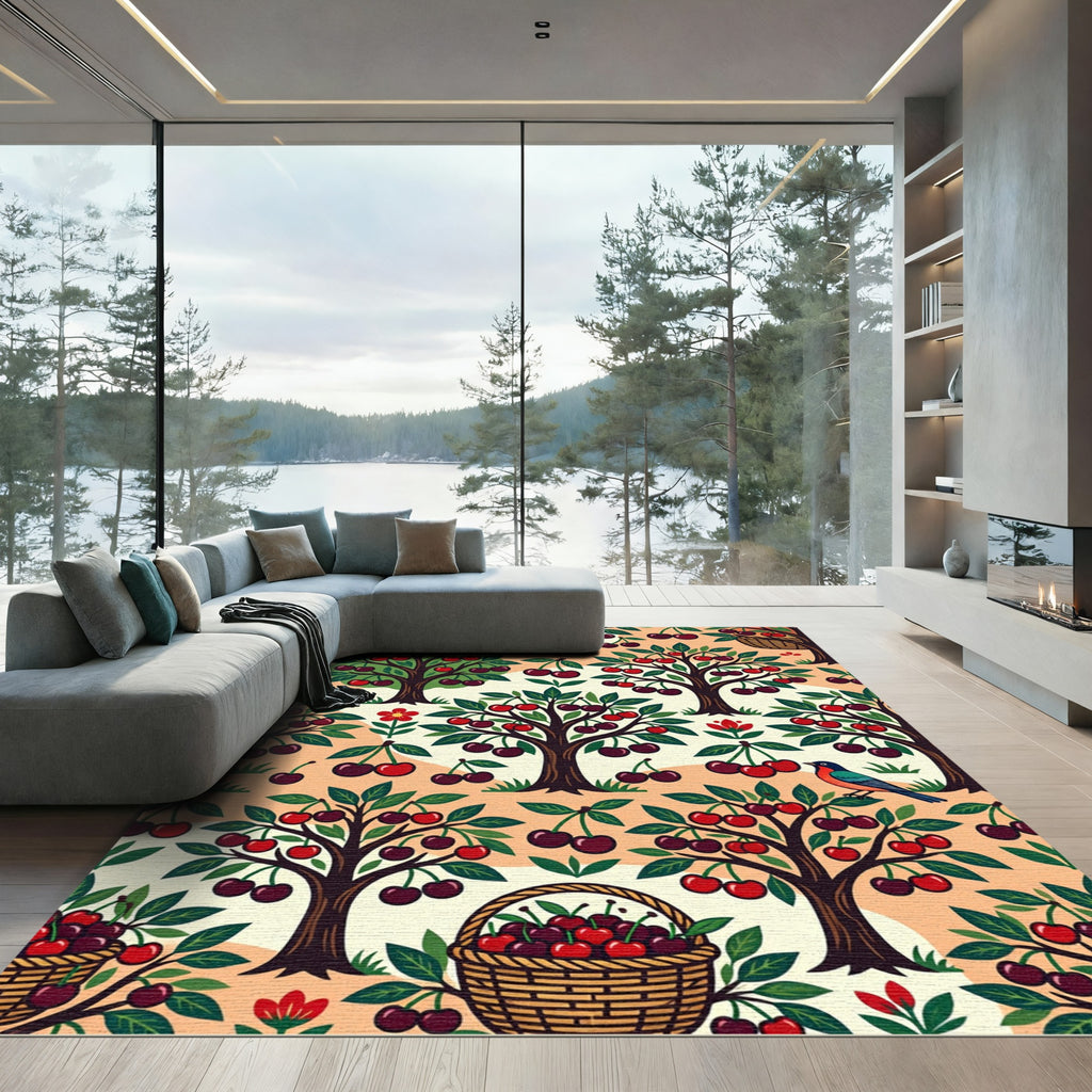 Whimsical Cherry Orchard Folk Berry Illustration Rug