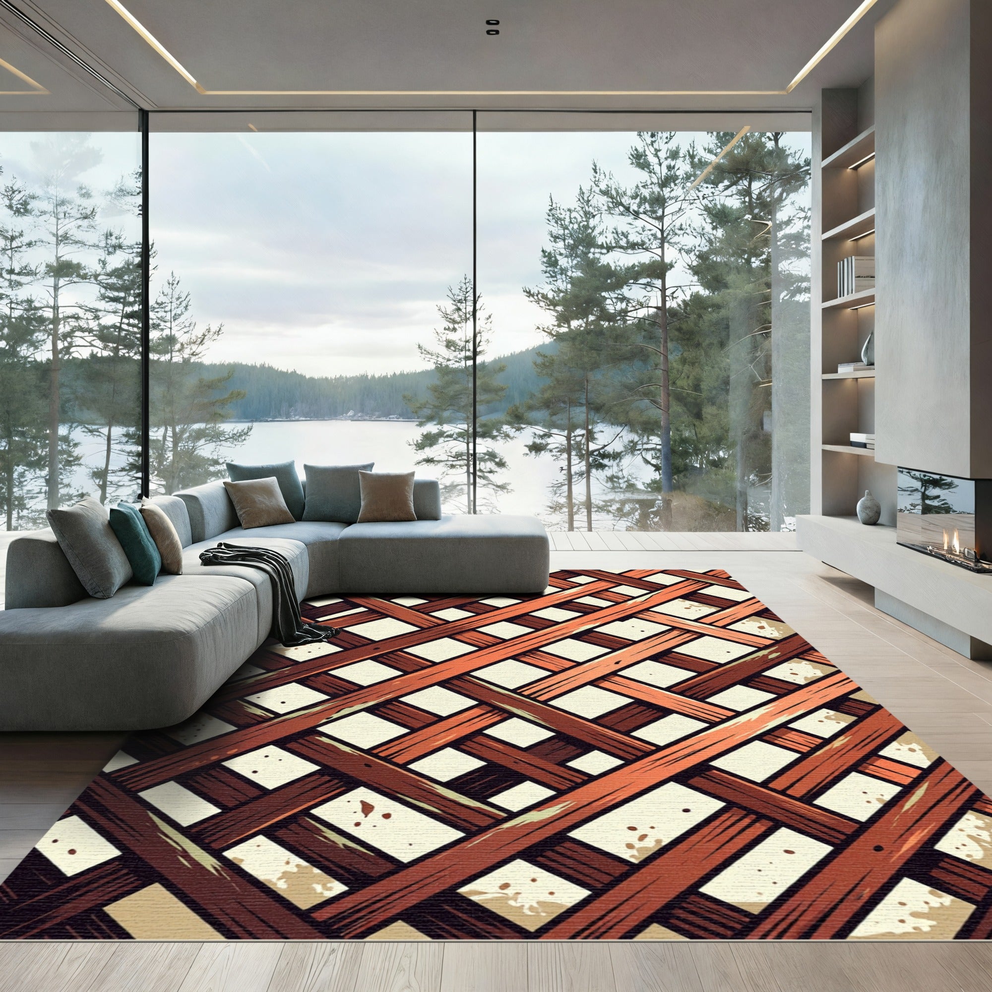Rustic Earthy Lattice Grid Rug