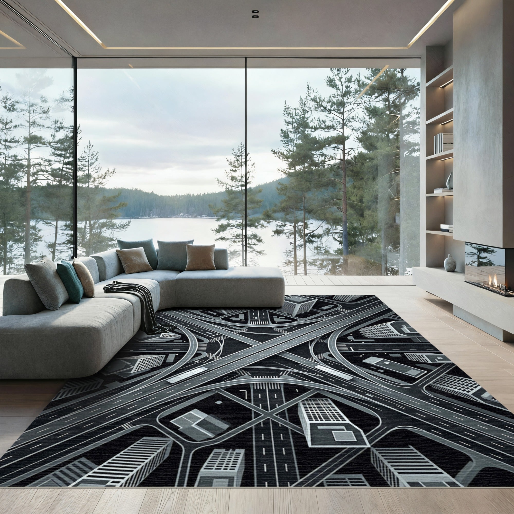 Monochromatic Architectural Grid Cityscape Rug