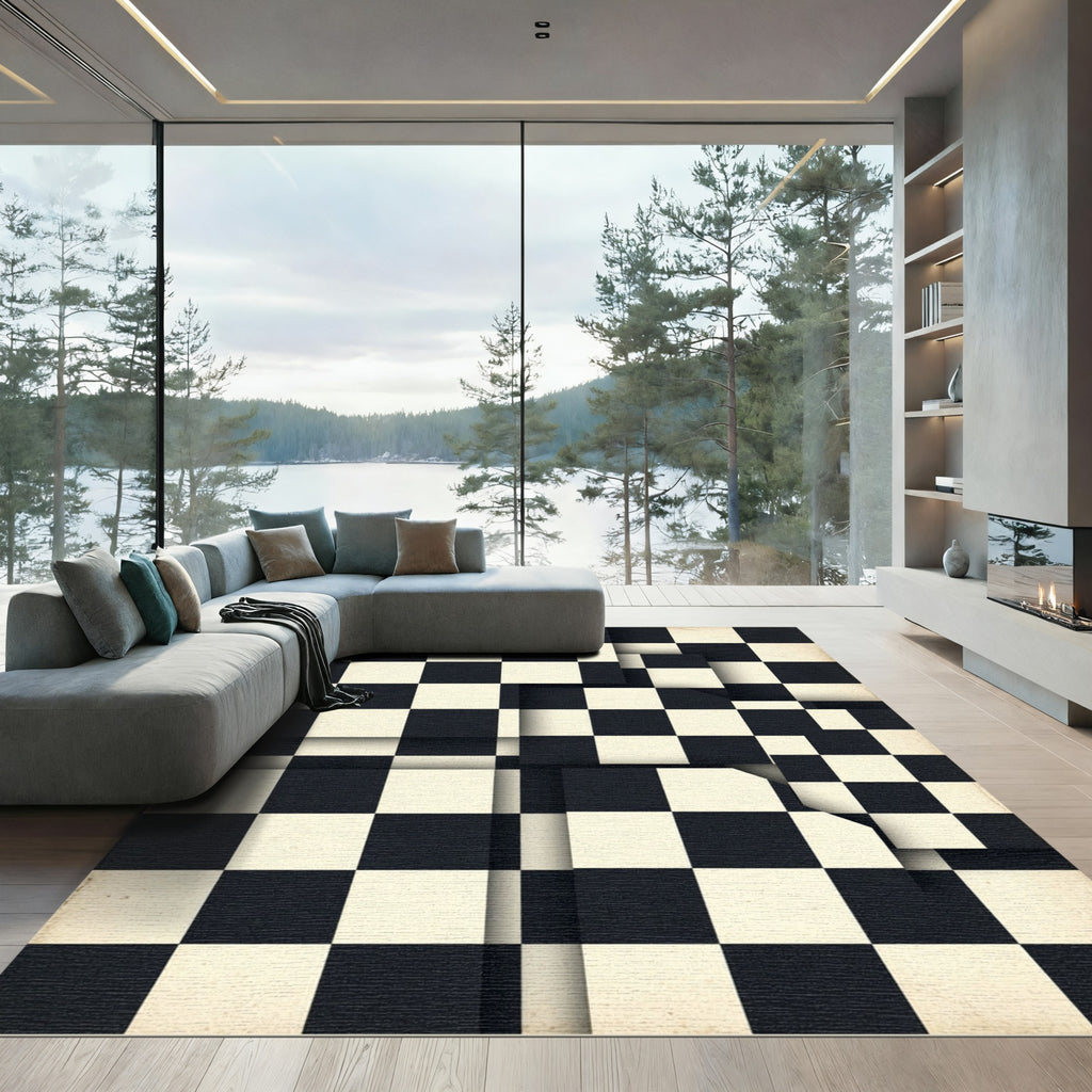 Modern Black and Ivory Checkerboard Mosaic Rug