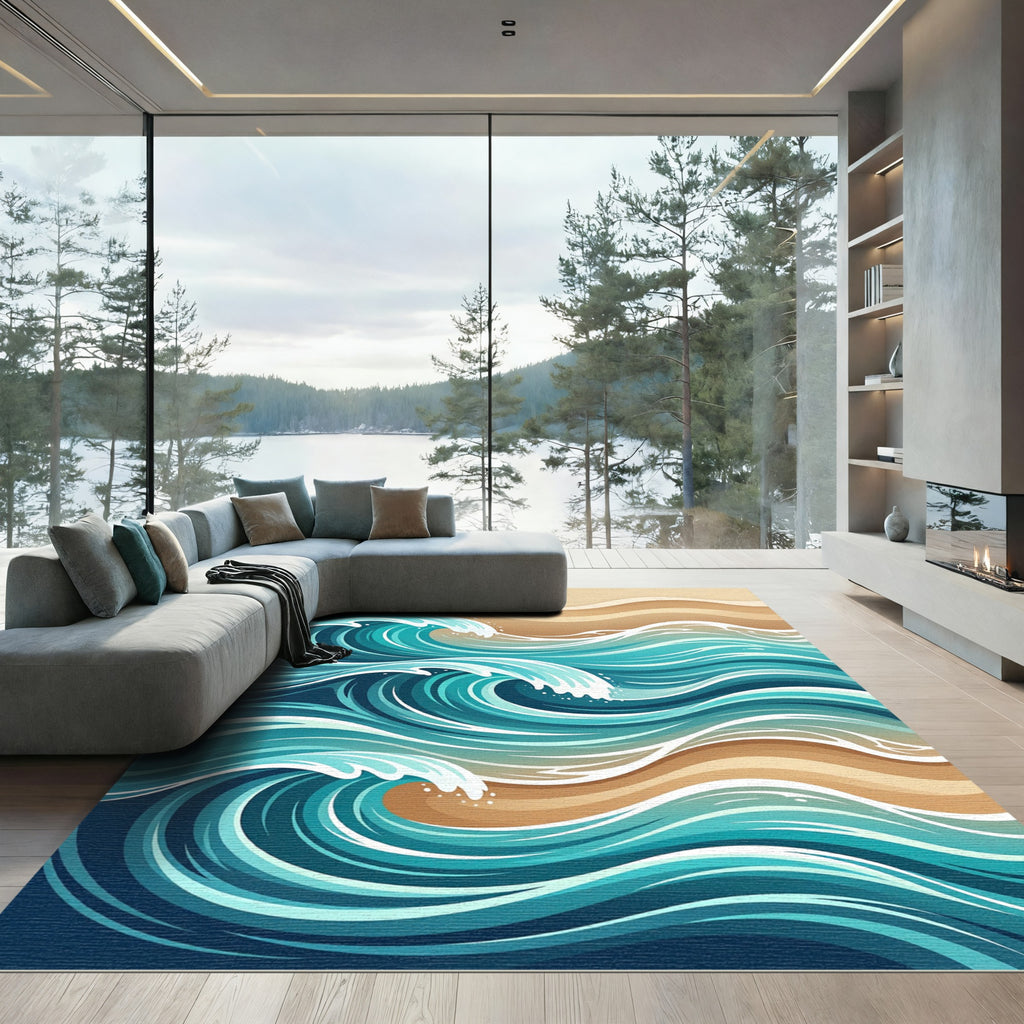 Abstract Teal Ocean Wave Sand Rug
