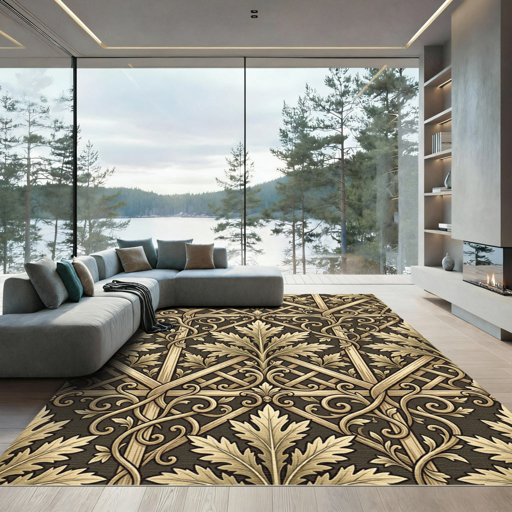 Golden Leaf Lattice Scrollwork Tapestry Rug