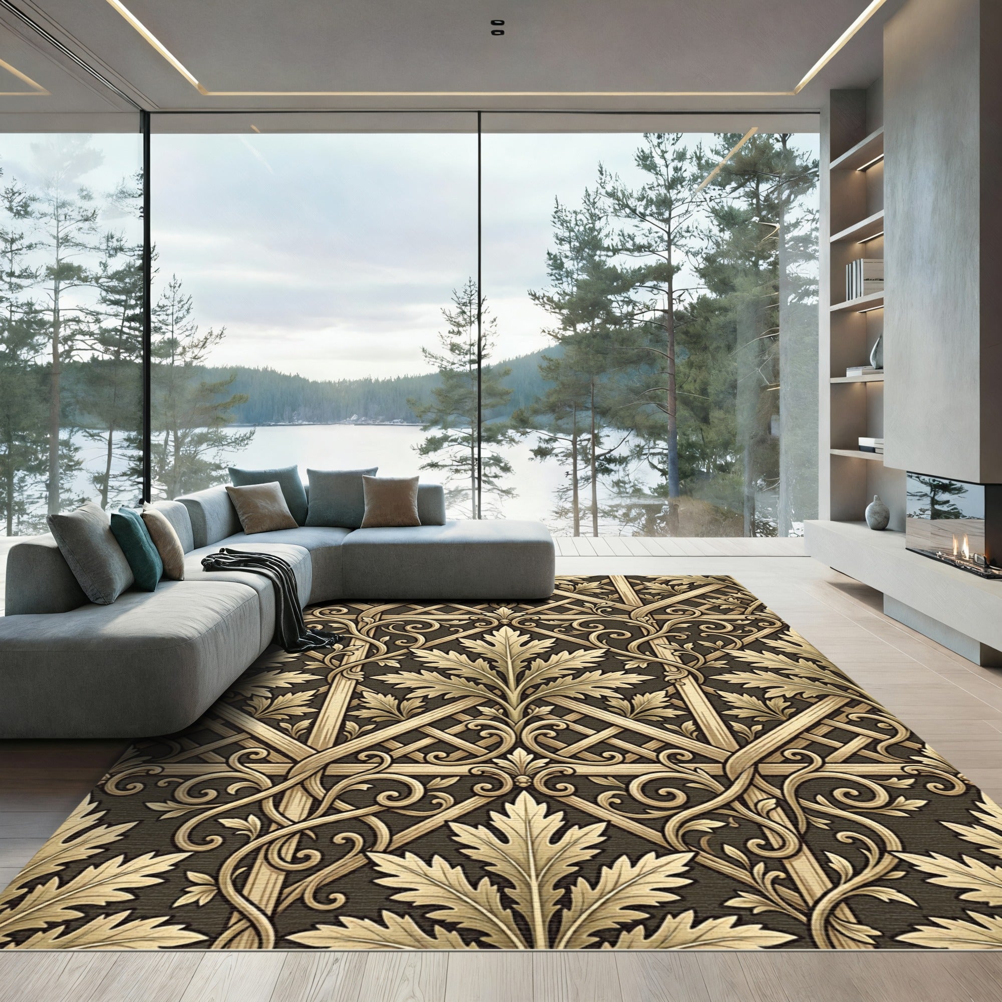Golden Leaf Lattice Scrollwork Tapestry Rug