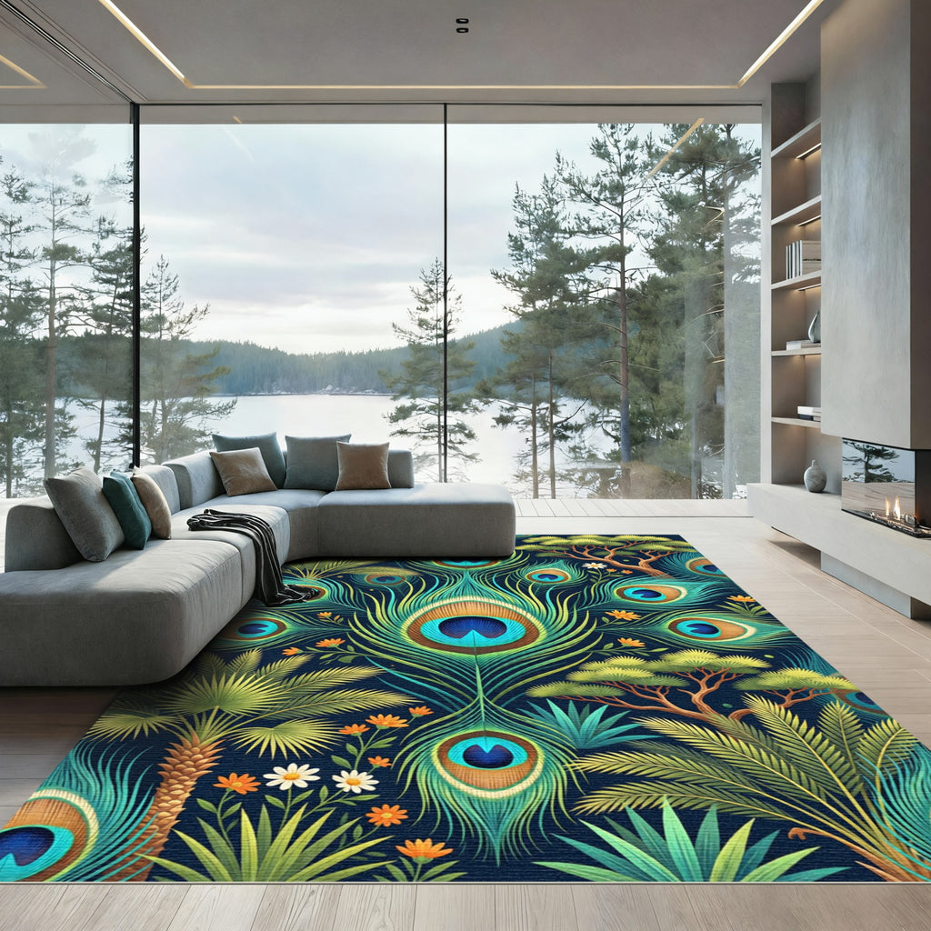 Peacock Feather Botanical Tropical Forest Rug