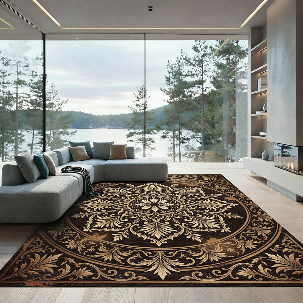 Ornate Gold Vintage Floral Medallion Rug