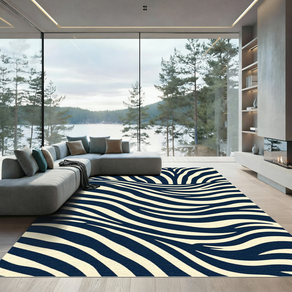Modern Navy and Cream Zebra Wave Rug