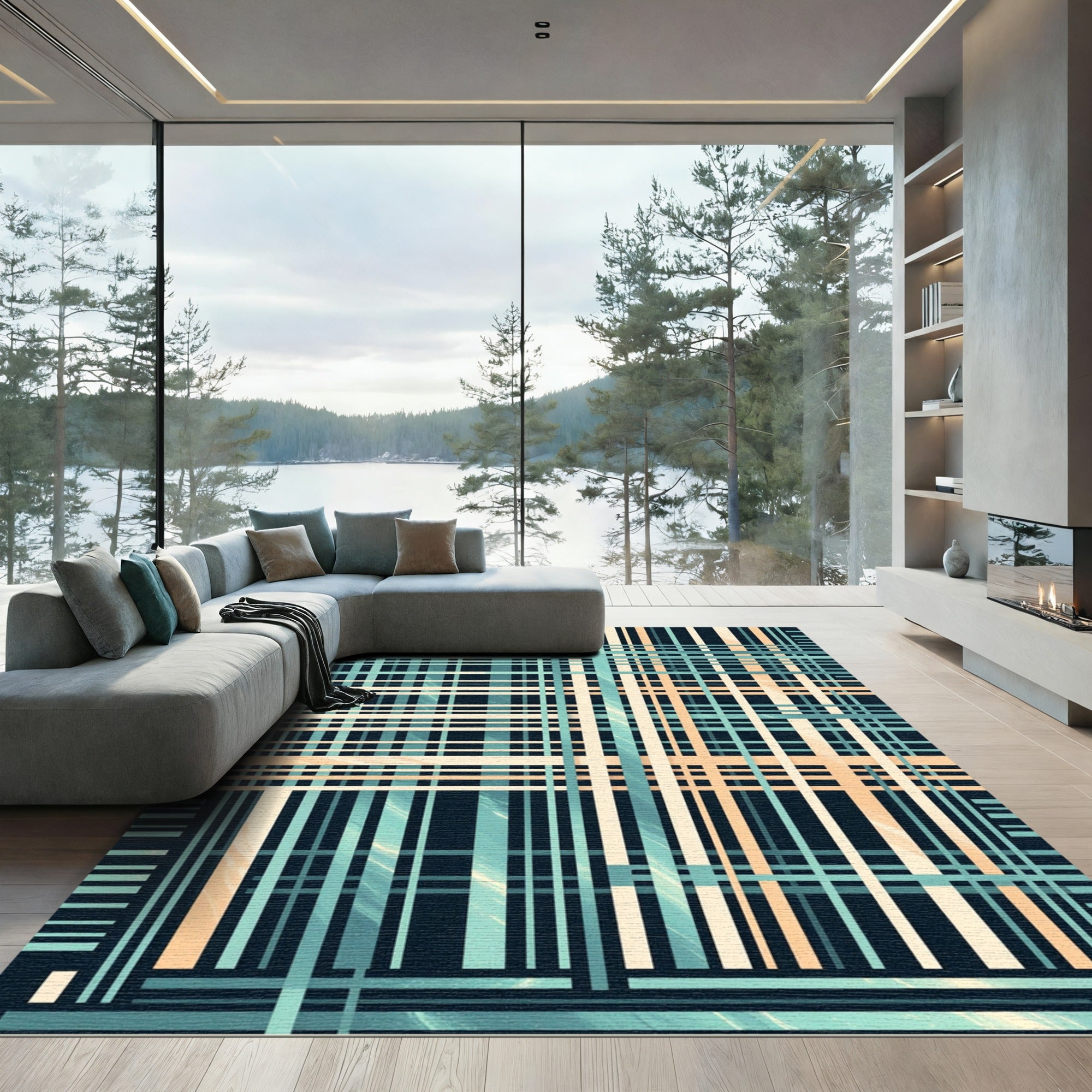 Teal Coral Plaid Gradient Overlay Rug