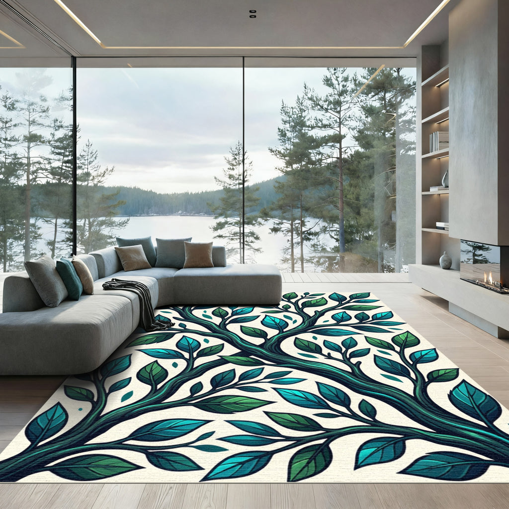 Whimsical Teal Green Branch Foliage Rug