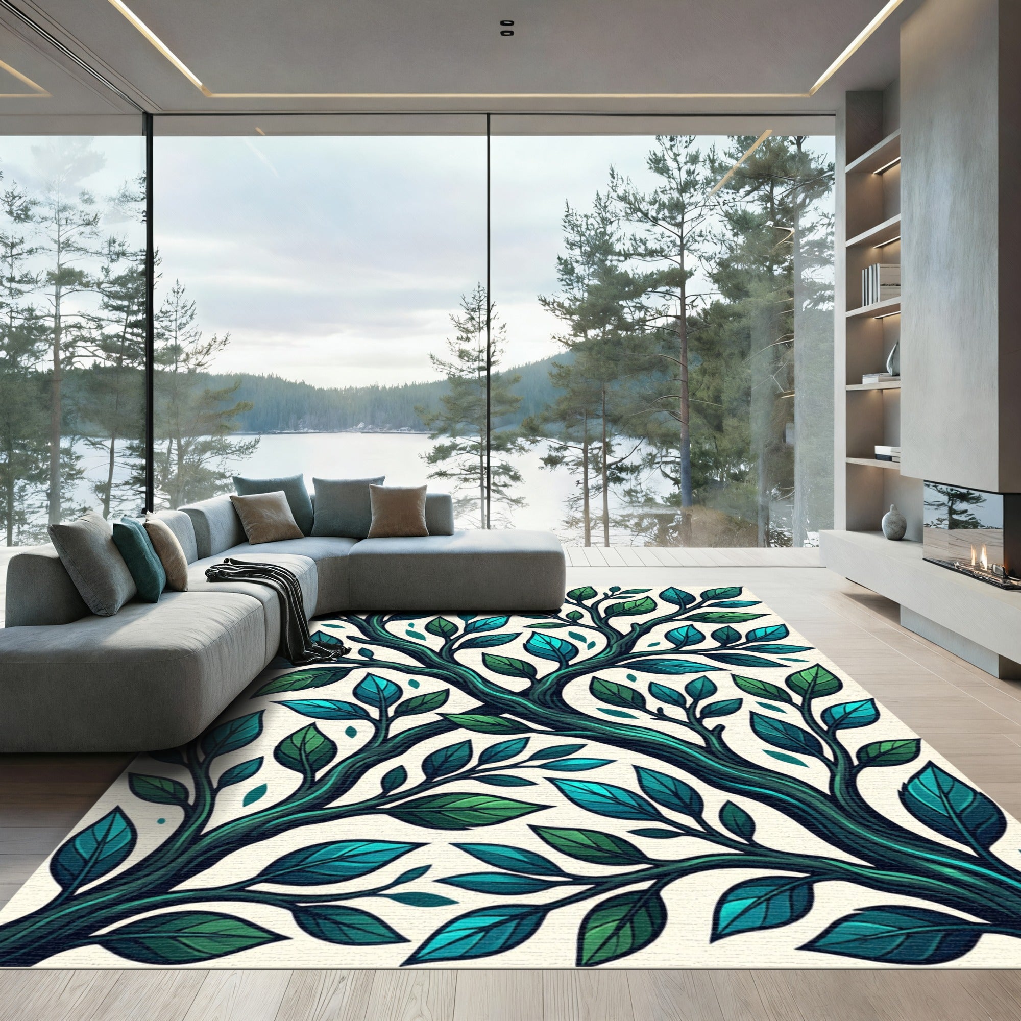 Whimsical Teal Green Branch Foliage Rug