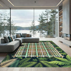 Tropical Bamboo Grid with Lush Leaves Rug