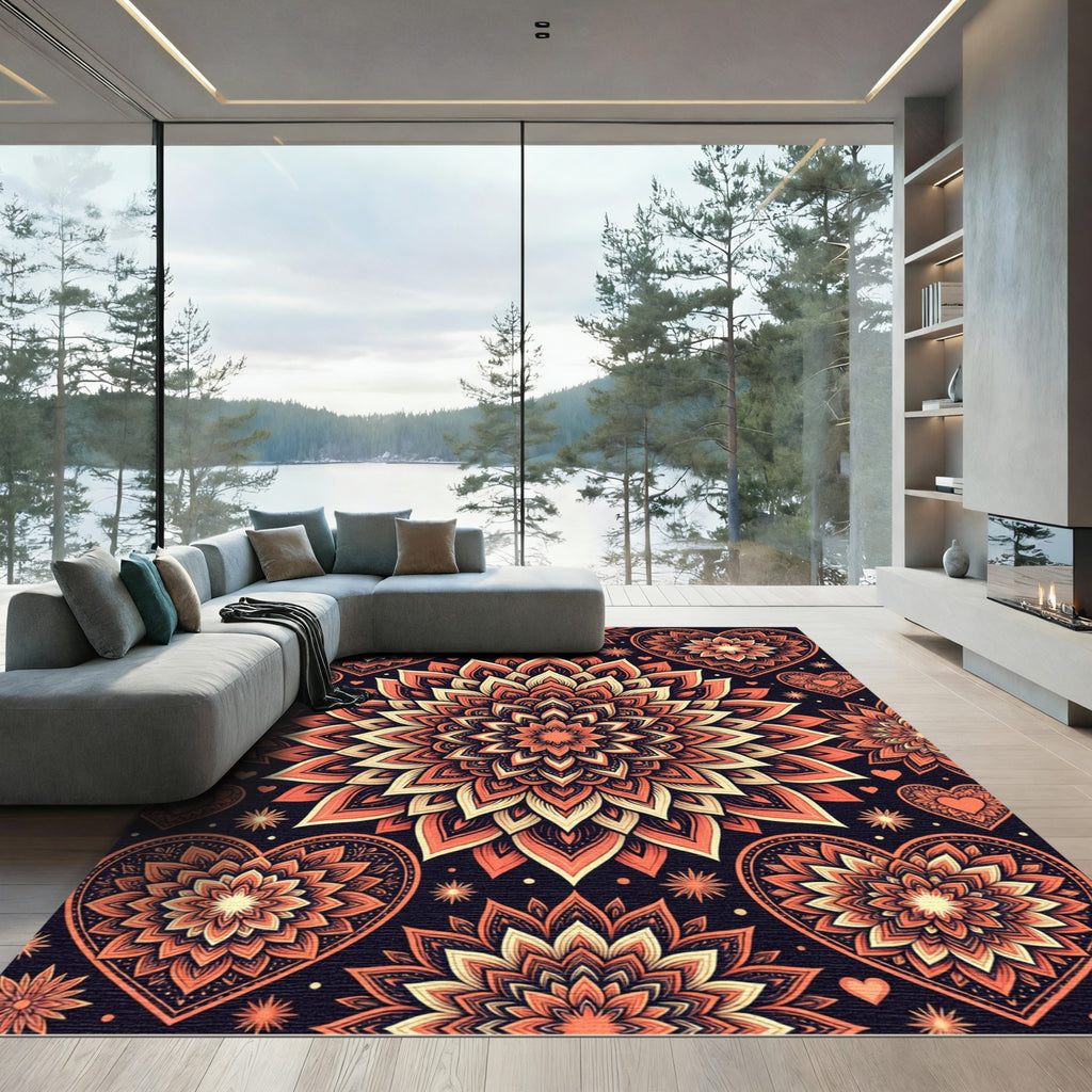 Orange Coral Heart Mandala Medallion Rug