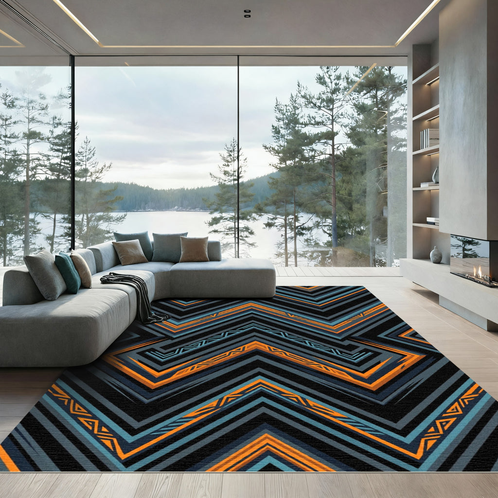 Bold Orange Blue Geometric Zigzag Rug