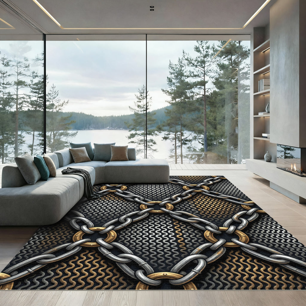 Metallic Chain Link Industrial Texture Rug