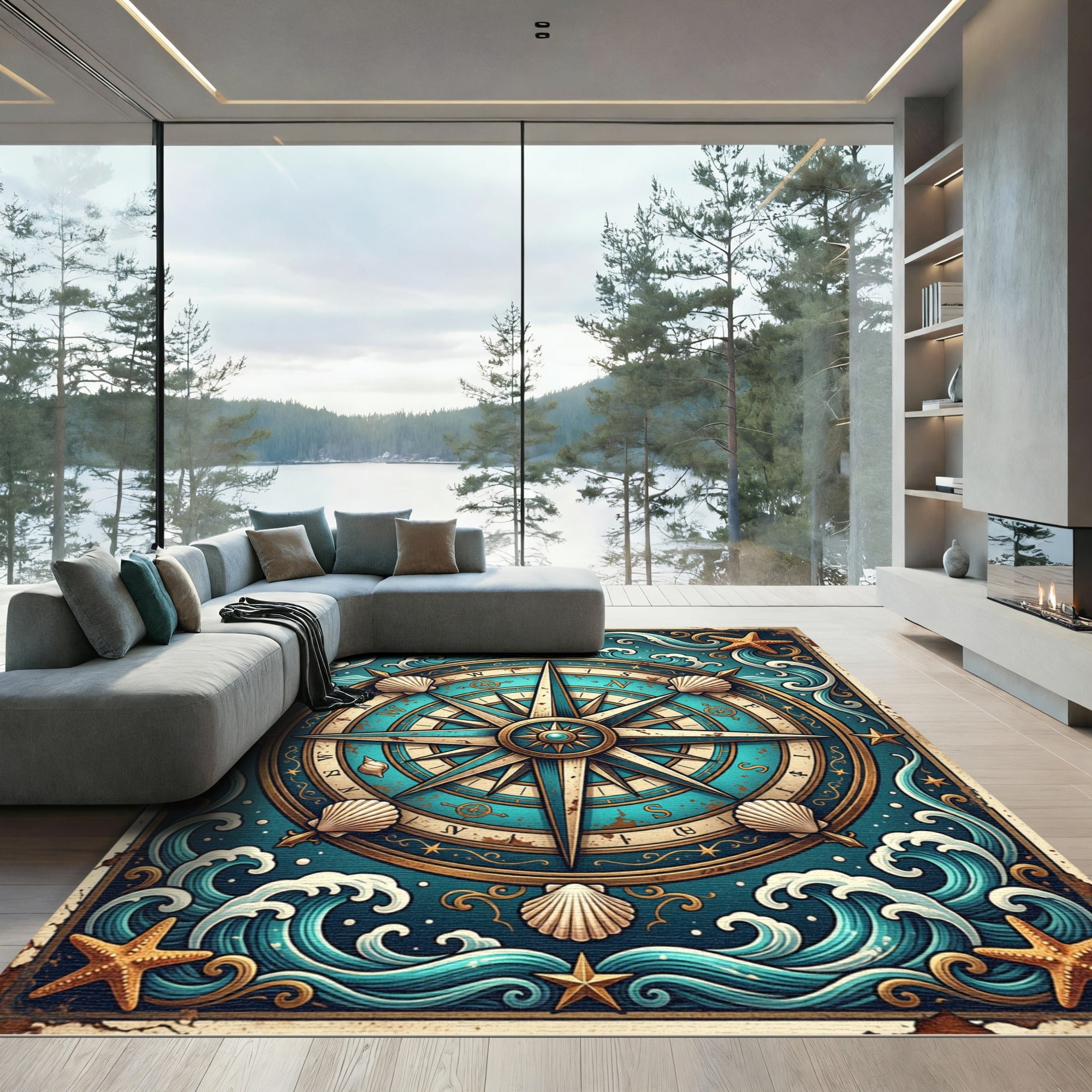 Nautical Compass Seashell Wave Art Rug