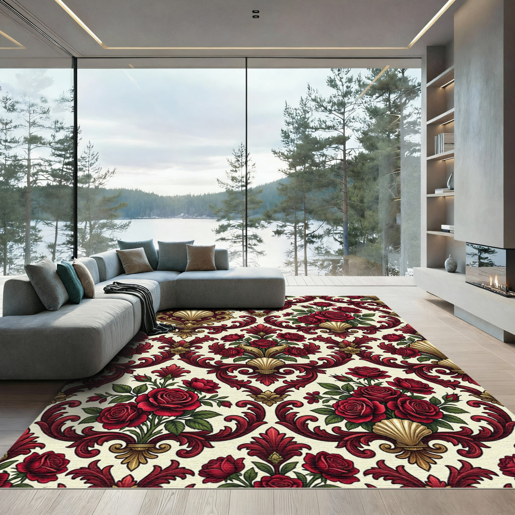 Ornate Crimson Rose Shell Medallion Rug
