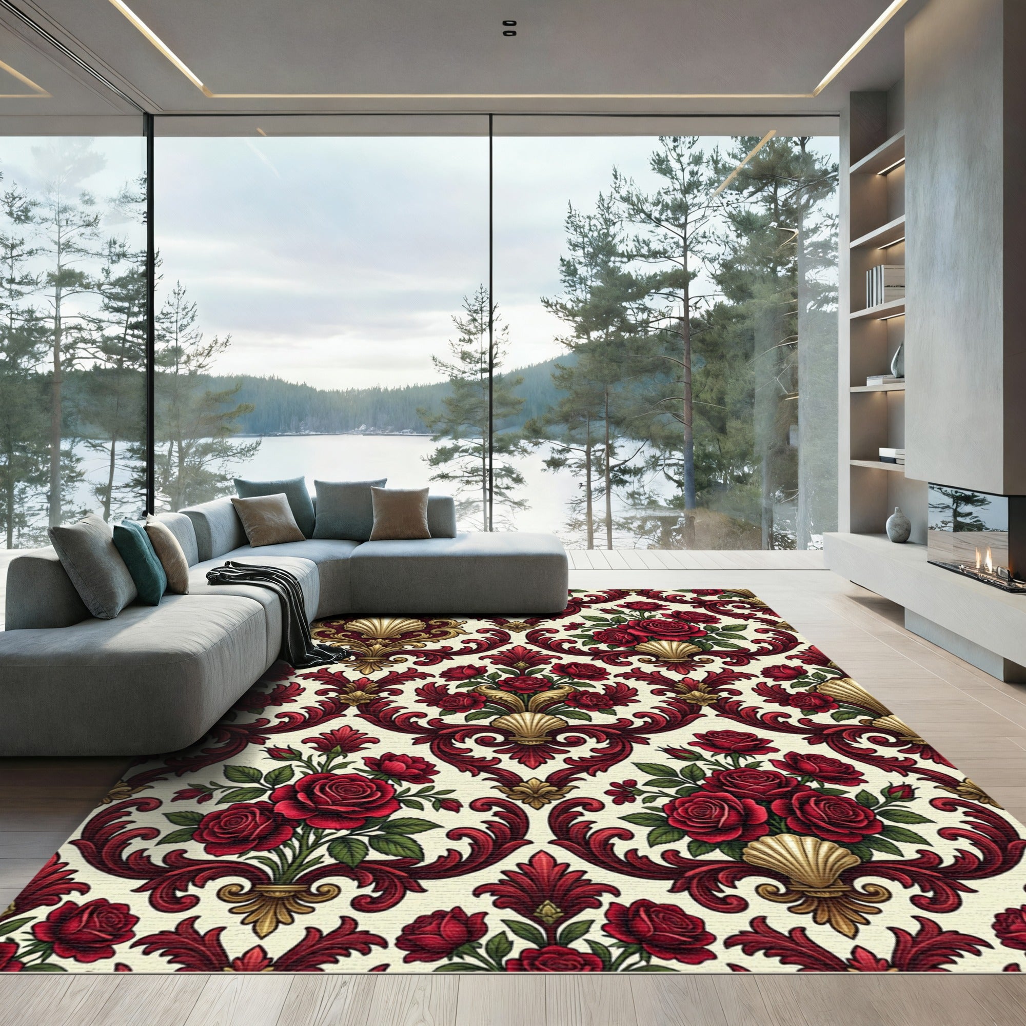 Ornate Crimson Rose Shell Medallion Rug