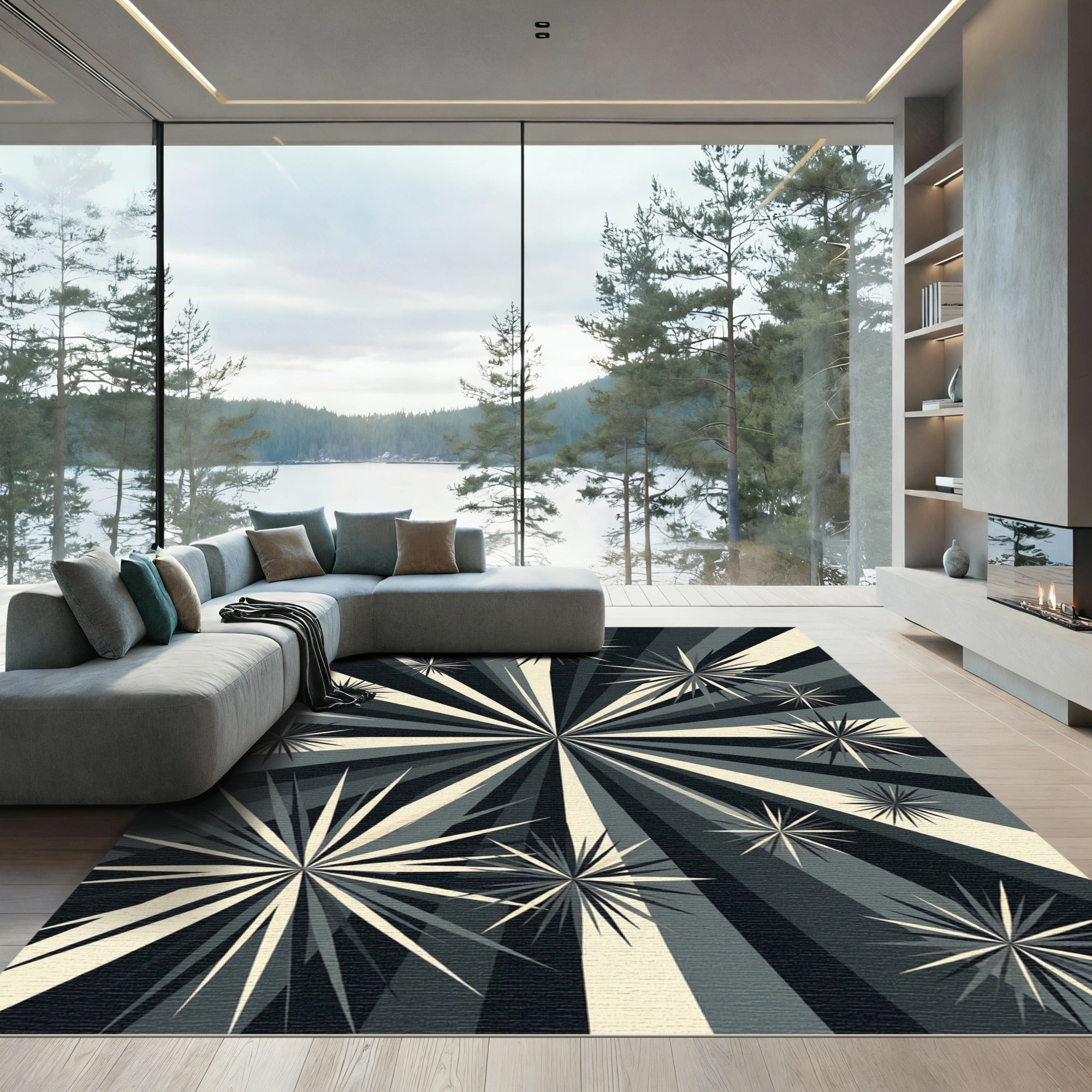 Monochromatic Geometric Sunburst Star Radiating Rug