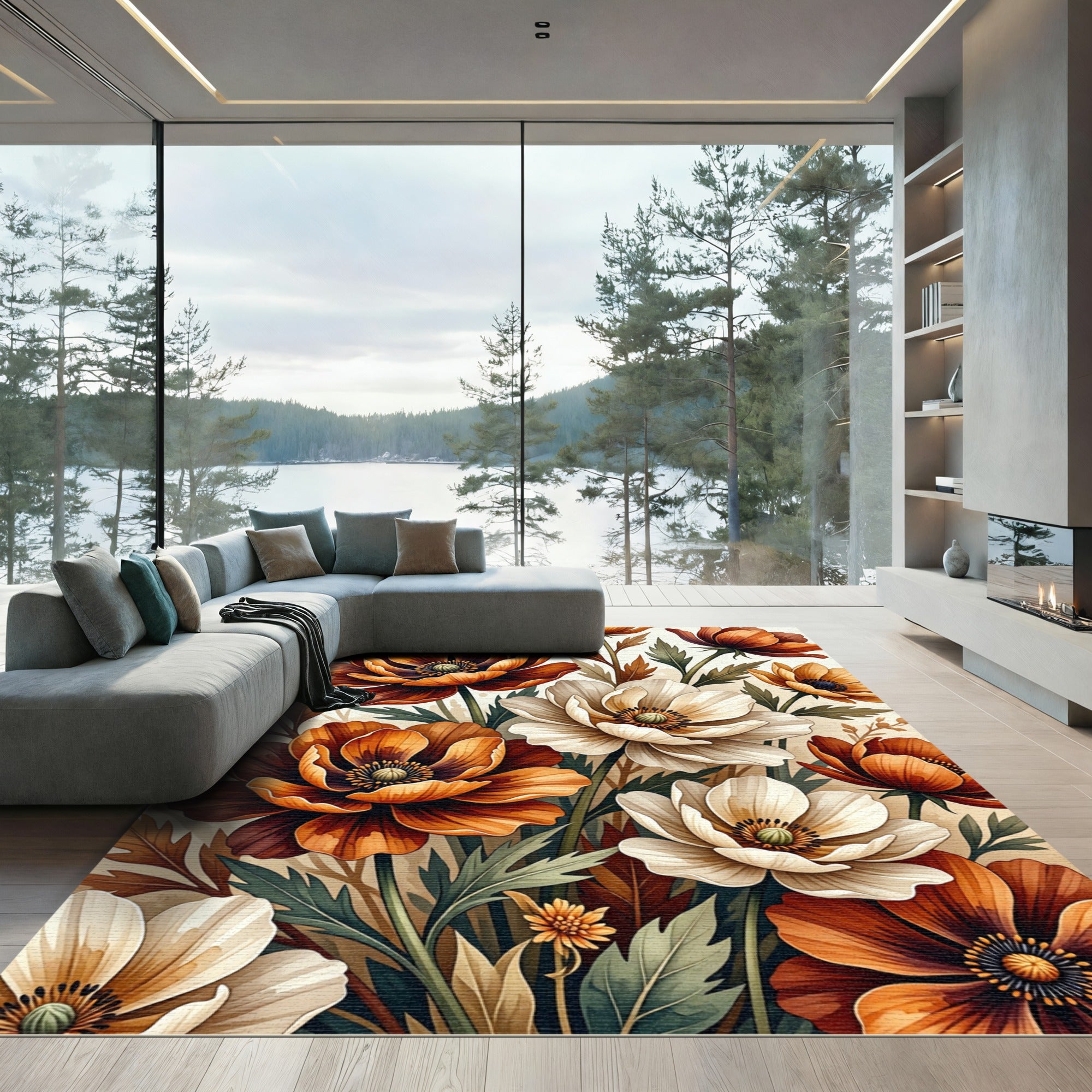 Autumn Botanical Poppy Floral Illustration Rug