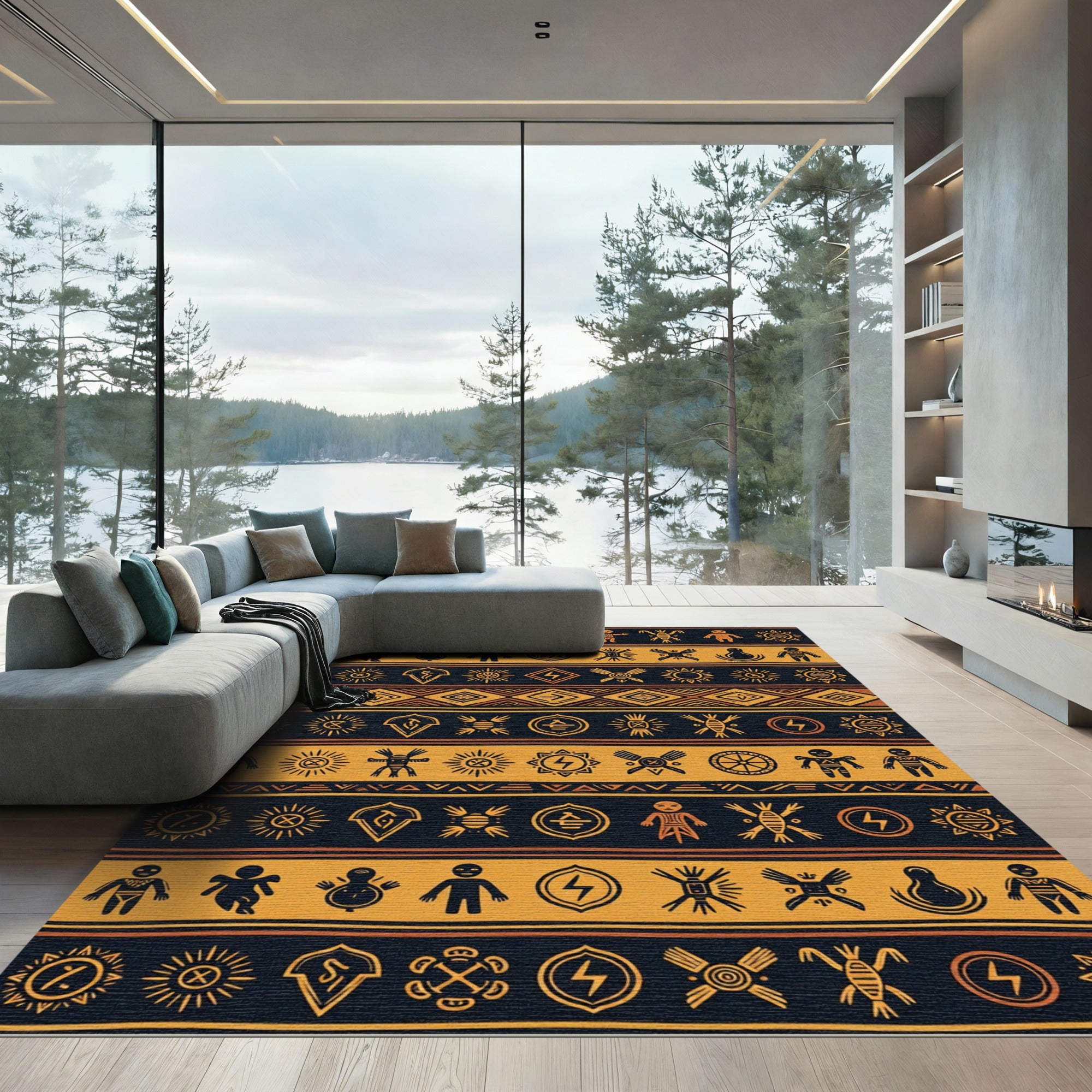 Earthy Amber Ancestral Symbol Striped Tapestry Rug