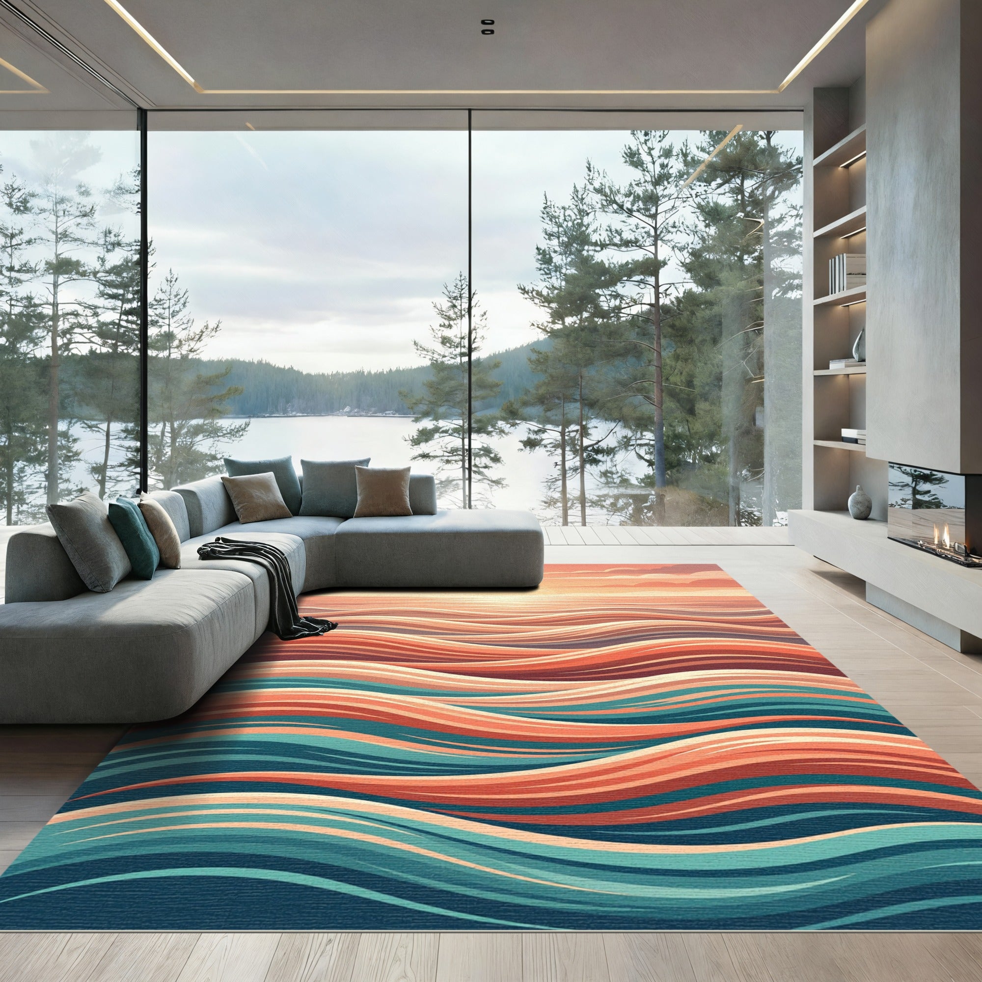 Sunset Coral Teal Wave Landscape Rug