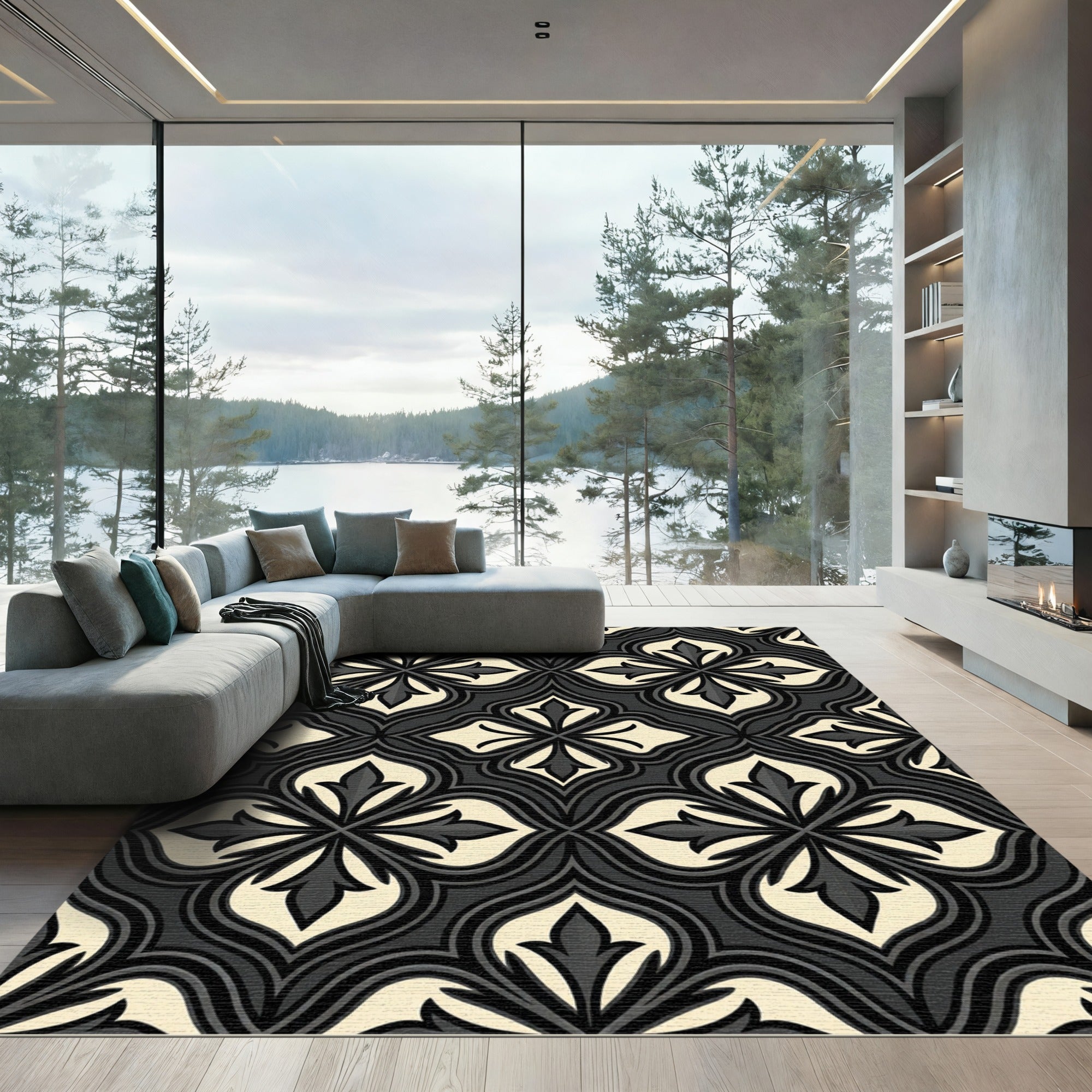 Gothic Black and Cream Flourish Trellis Rug