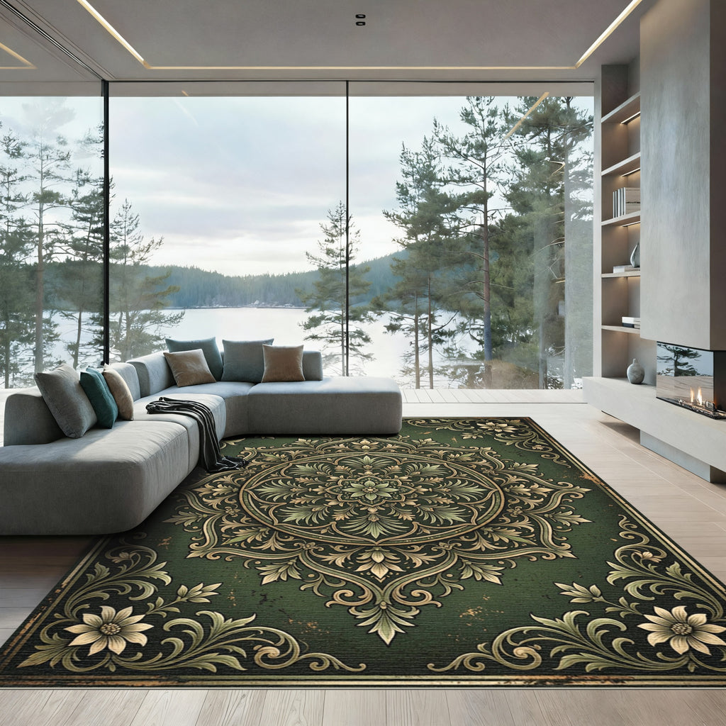 Dark Olive Ornate Floral Medallion Rug