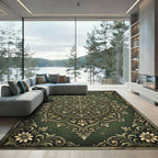 Dark Olive Ornate Floral Medallion Rug