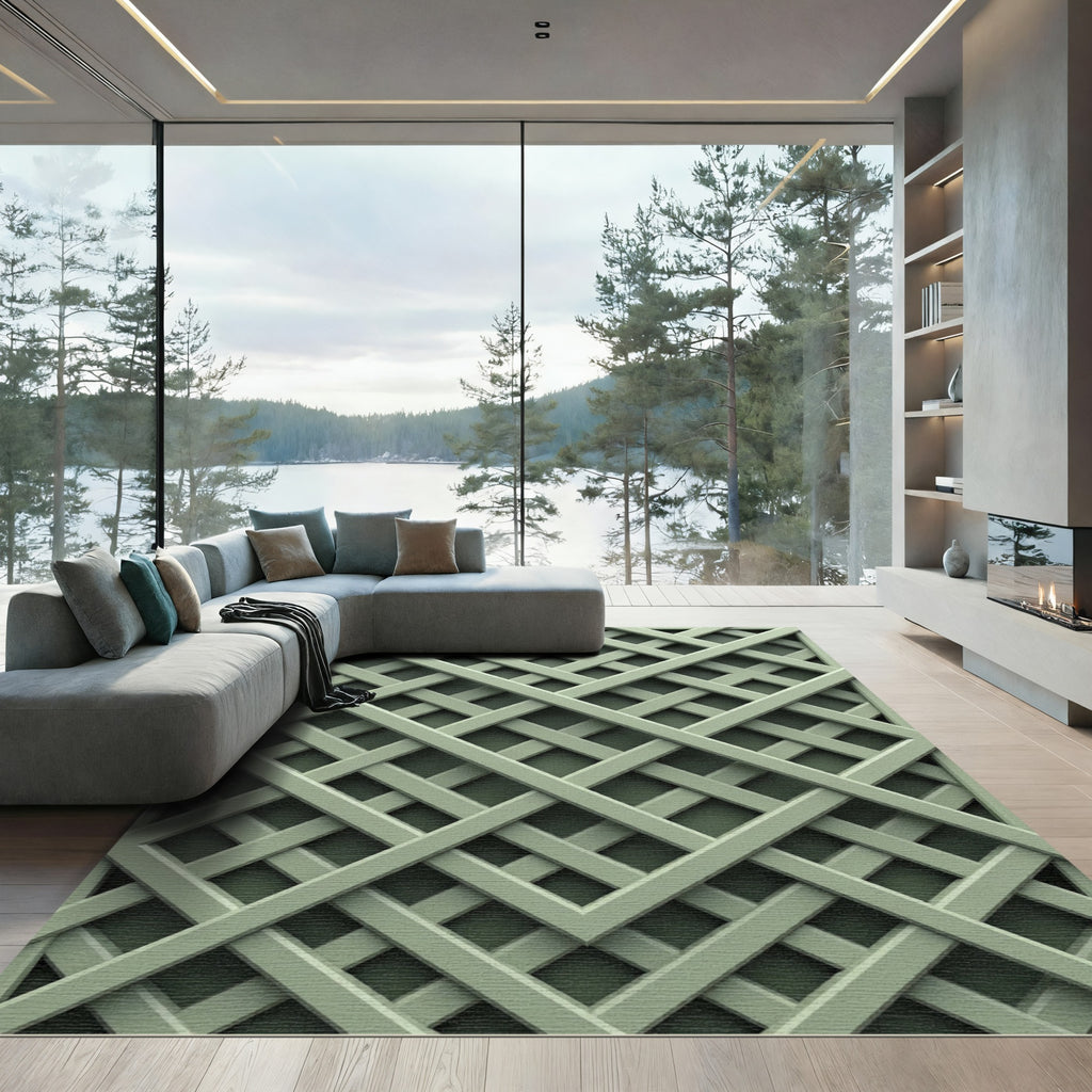 Sage Green Interlocking Geometric Lattice Rug