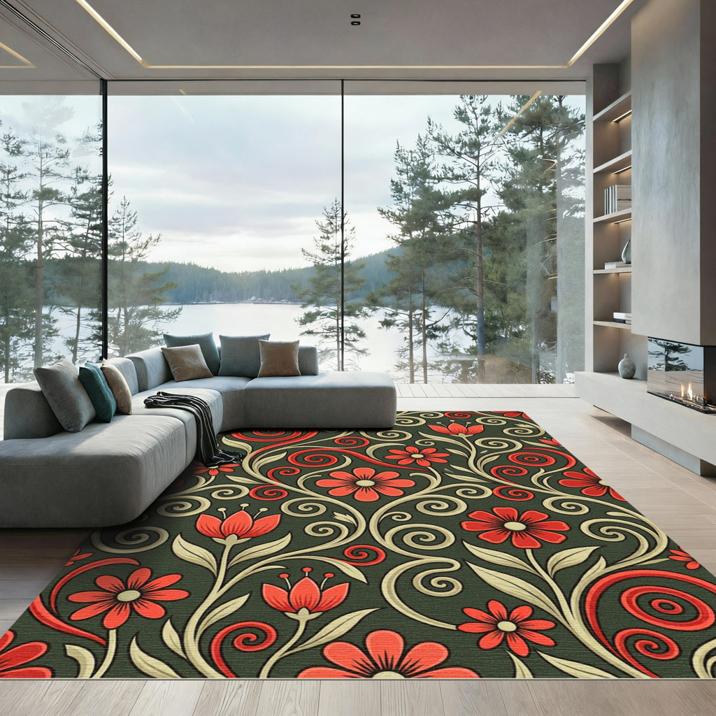 Red Floral Swirl Scroll Work Rug