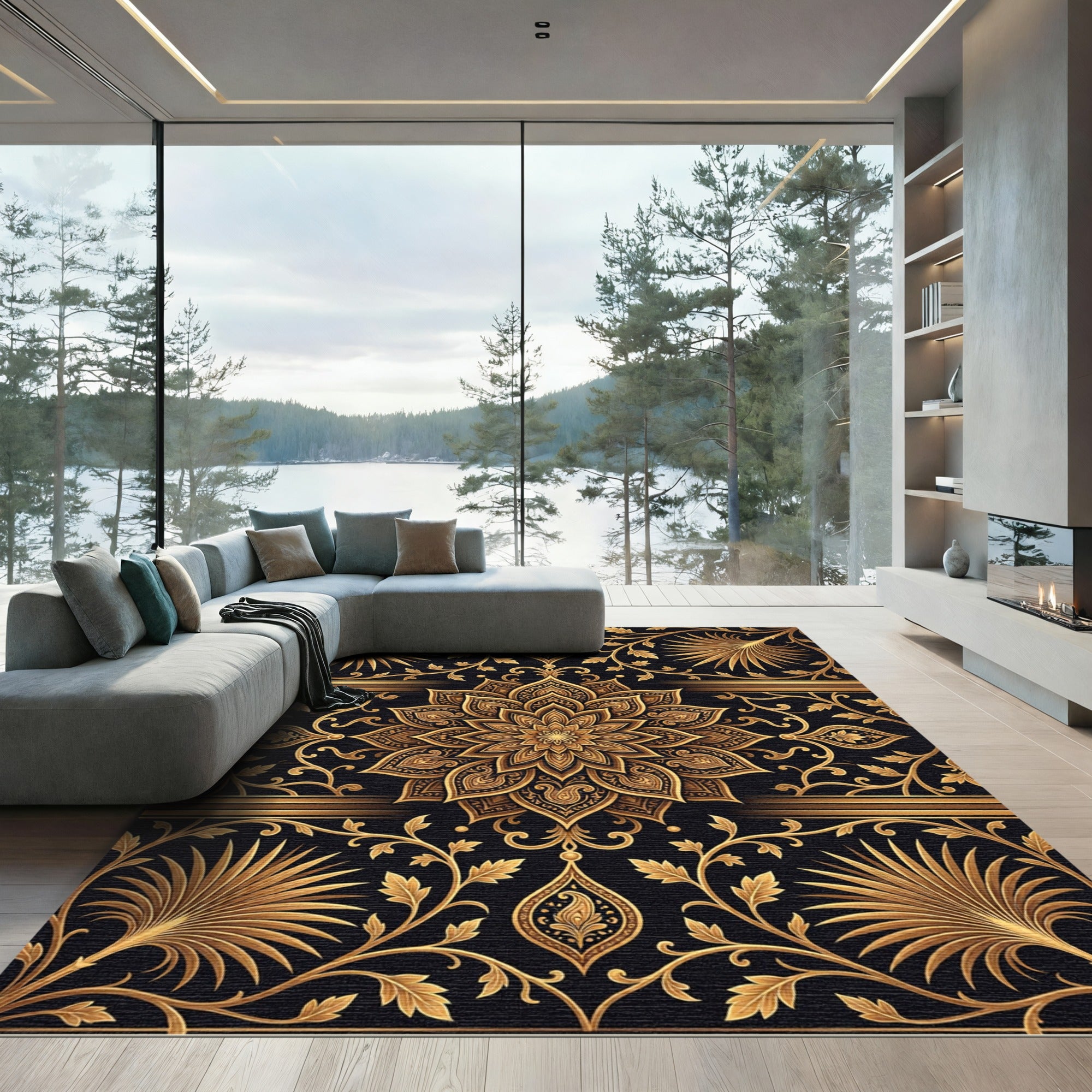 Elegant Gold Mandala Floral Foliage Rug